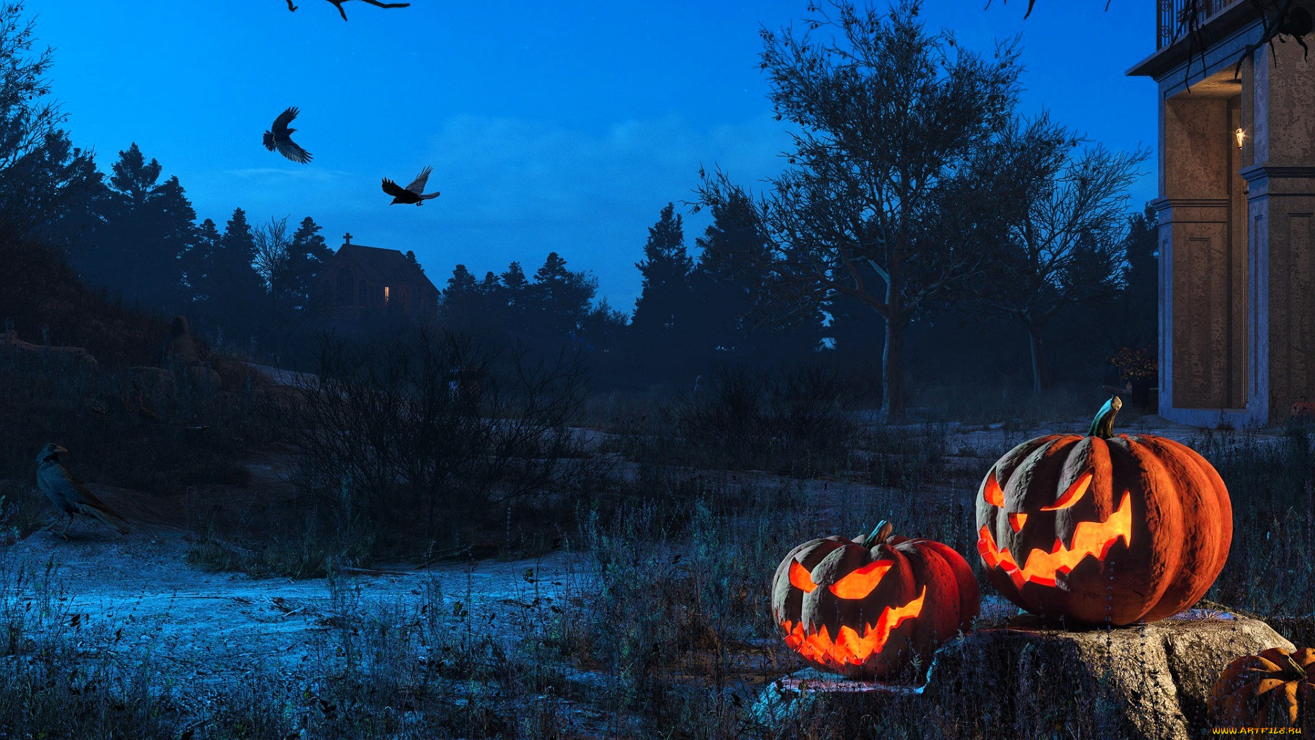 праздничные, хэллоуин, деревья, дома, птицы, пень, тыквы