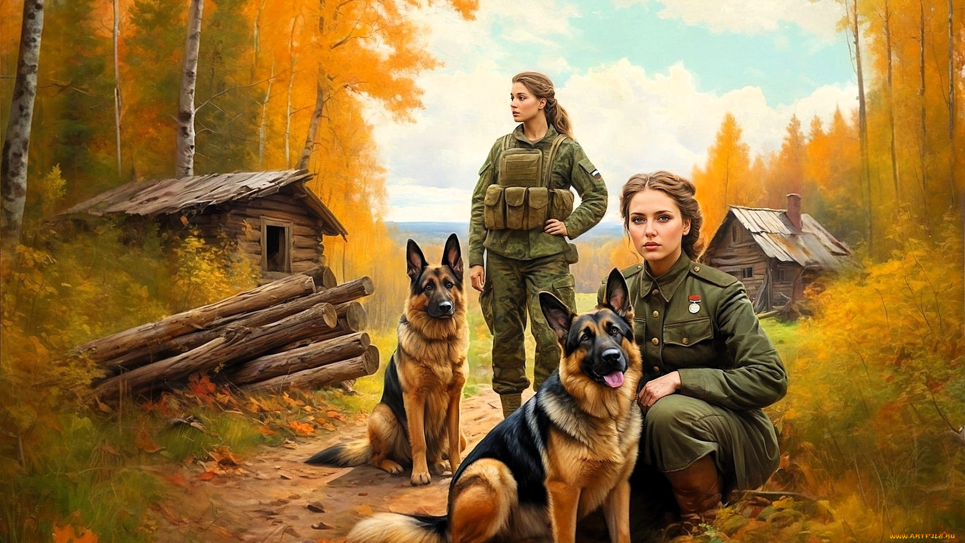 рисованное, армия, девушки, собаки, военные, овчарки, форма, лес, осень, изба, бревна