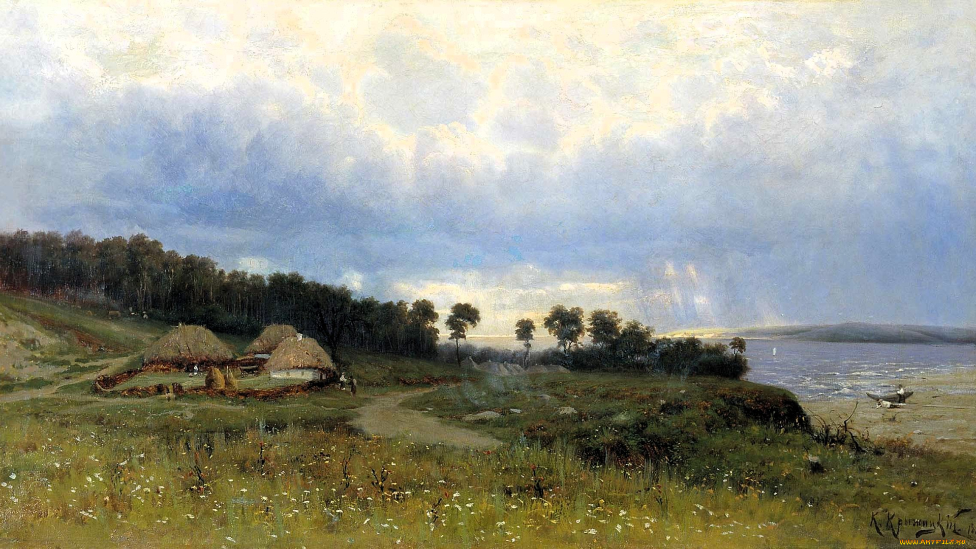 рисованное, константин, крыжицкий, дома, лес, луг, дорога, река