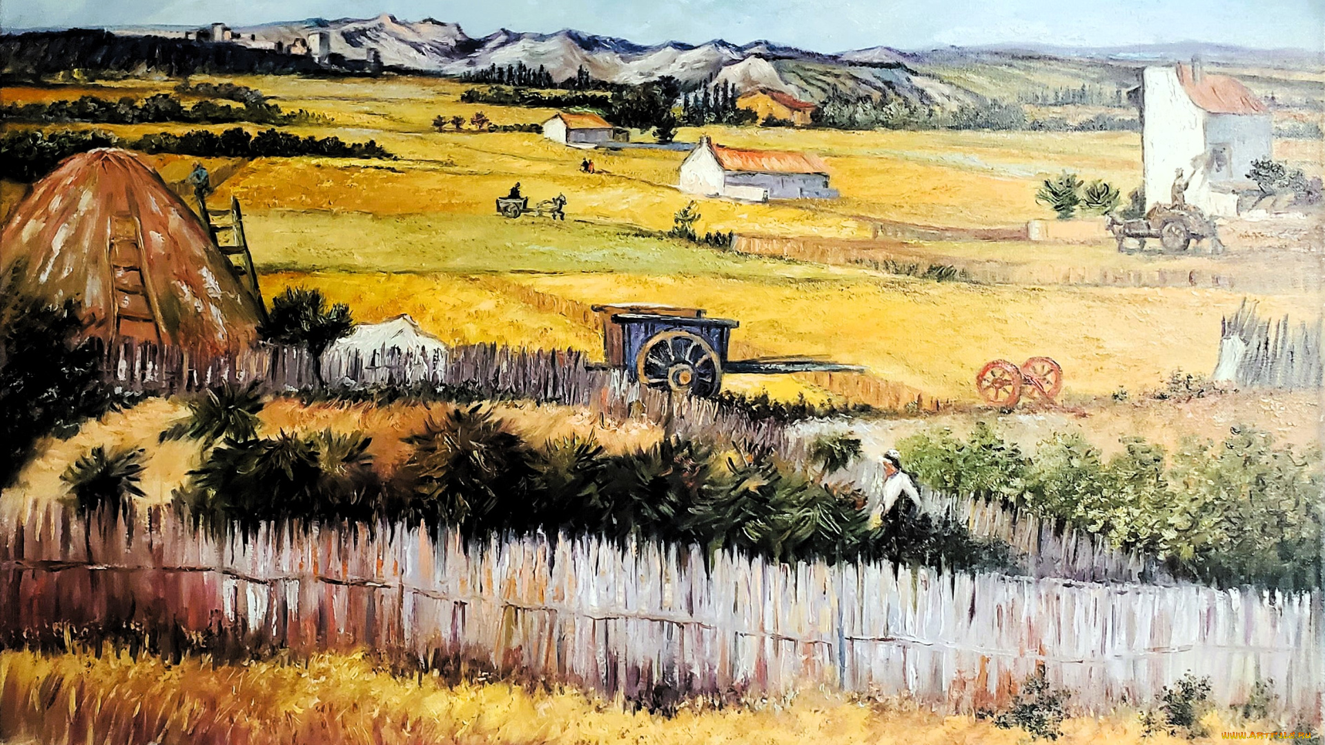 рисованное, vincent, van, gogh, поля, дома, село, заборы