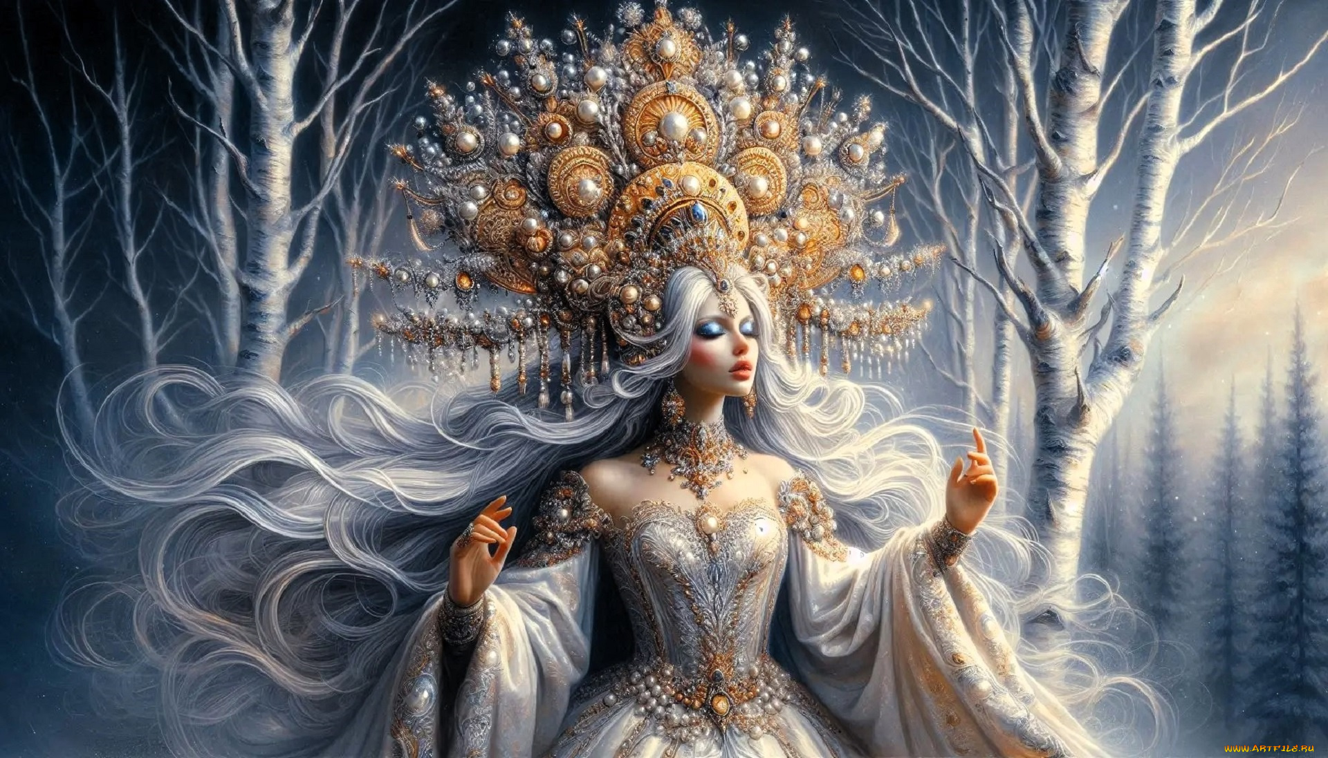 3д, графика, люди, , people, девушка, платье, кокошник, лес