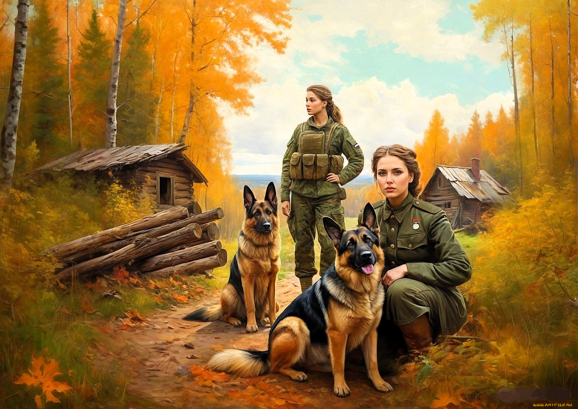 рисованное, армия, девушки, собаки, военные, овчарки, форма, лес, осень, изба, бревна