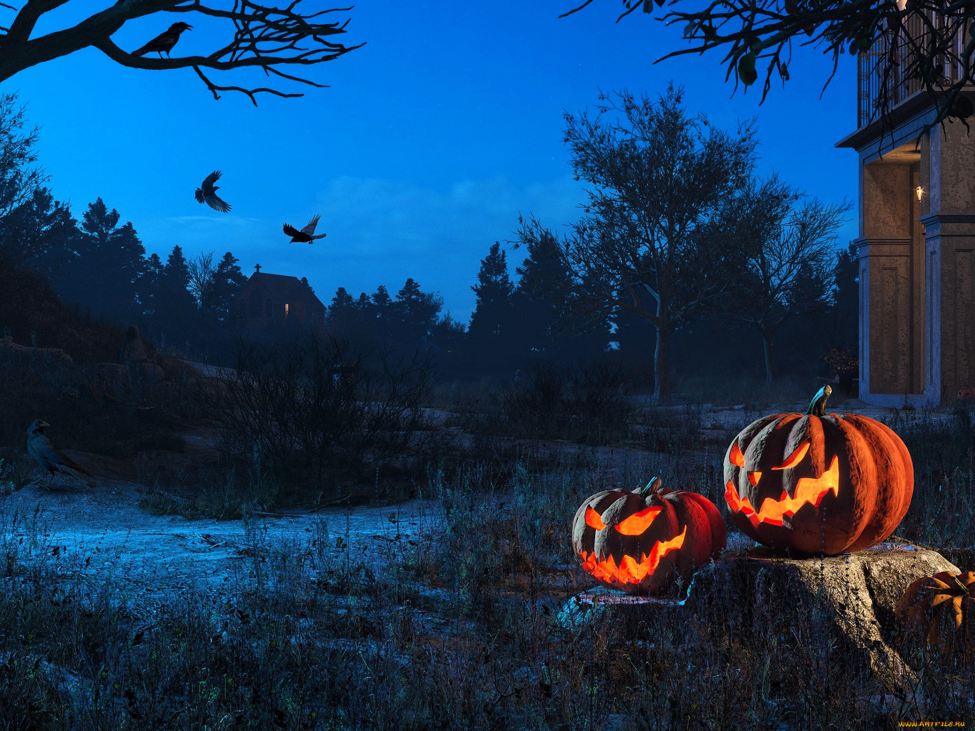 праздничные, хэллоуин, деревья, дома, птицы, пень, тыквы