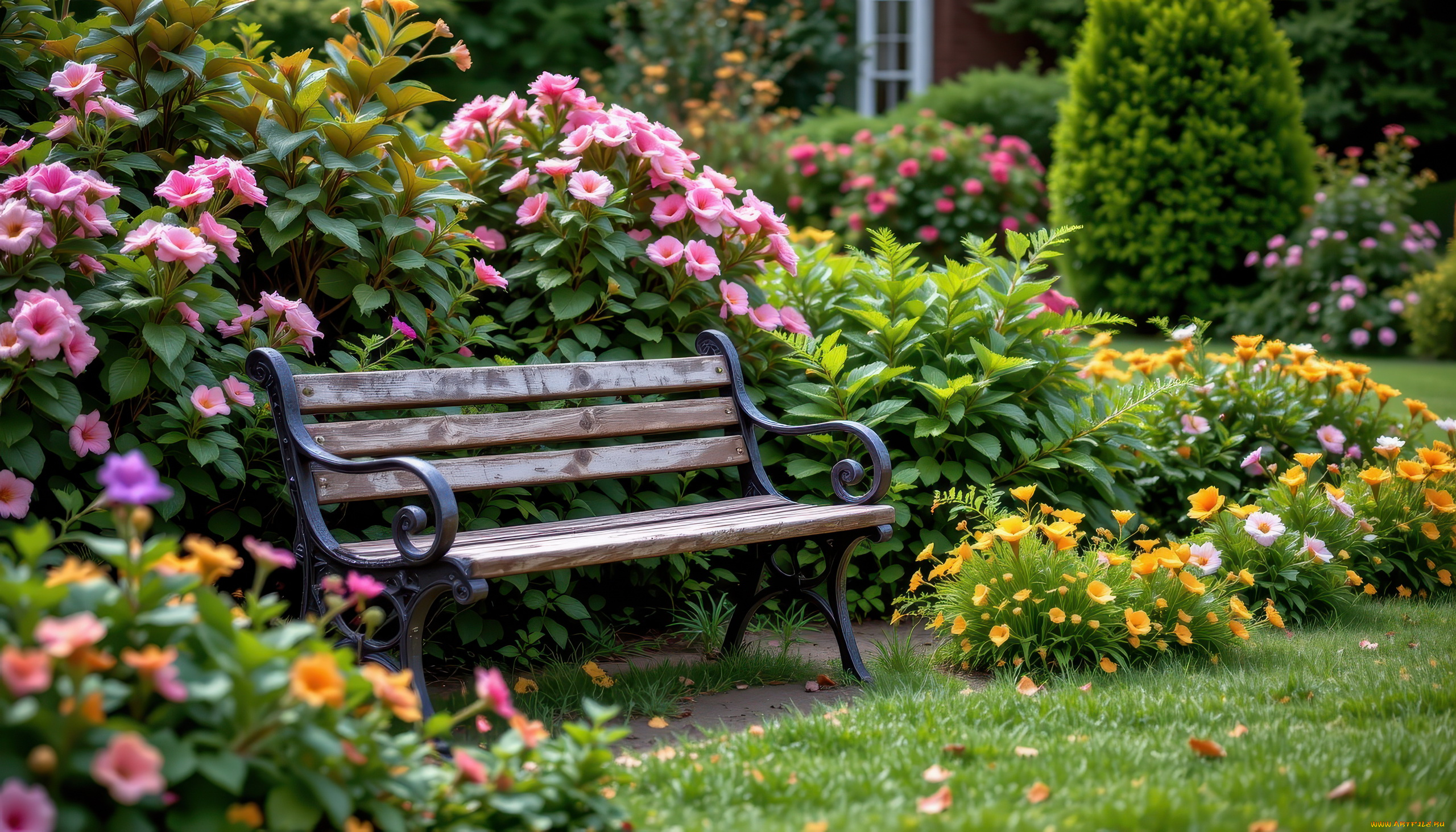 автор, wp, stl, 3д, графика, природа, , nature, парк, цветы, скамейка