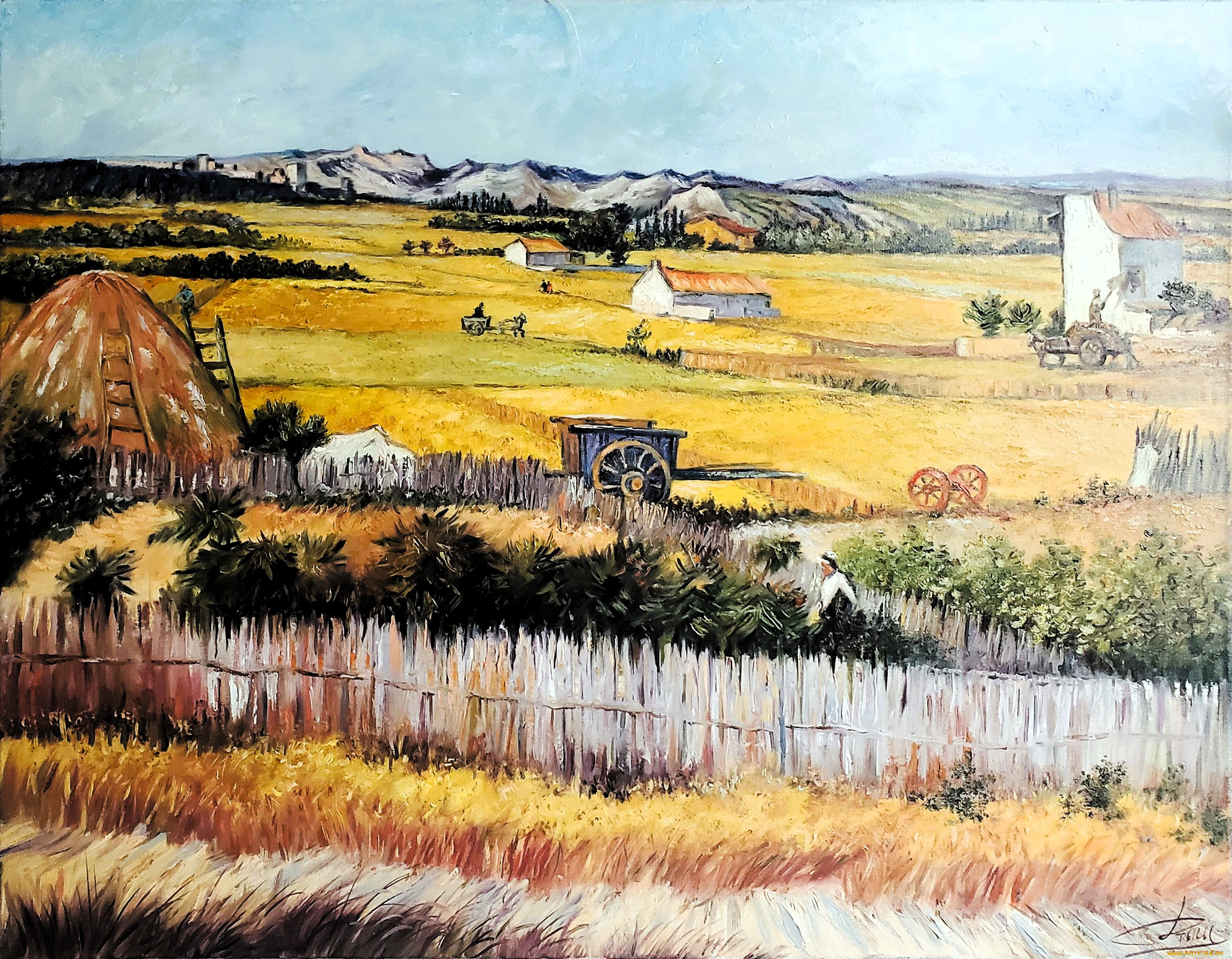 рисованное, vincent, van, gogh, поля, дома, село, заборы