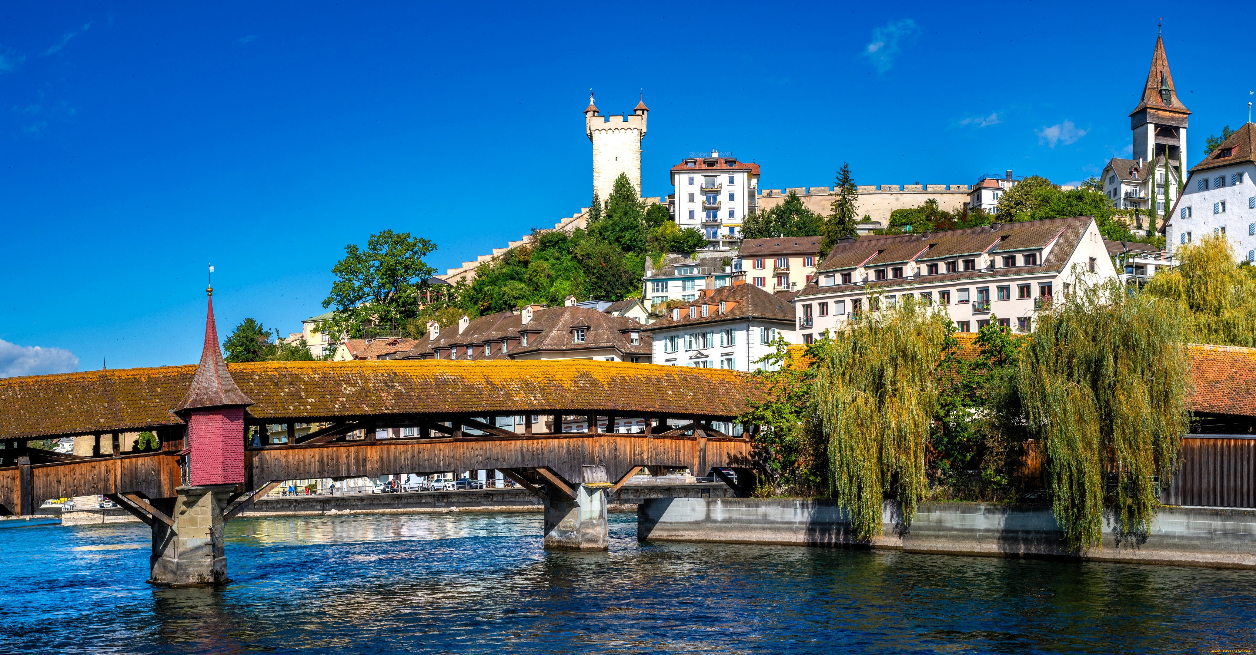 люцерн, , швейцария, города, люцерн, , швейцария, мост, река, деревья, дома, здания, крепость