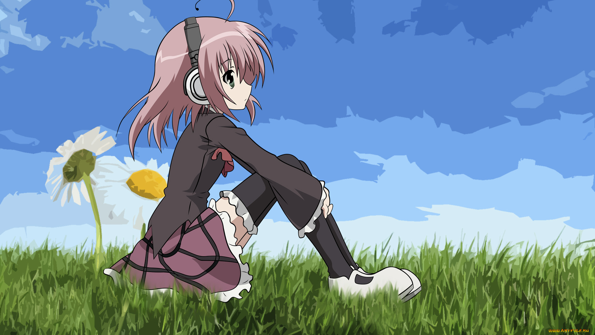 аниме, seitokai, no, ichizon, ромашки, девочка, наушники, трава, небо