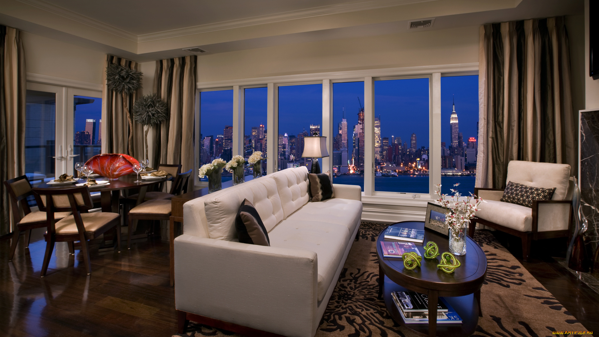 интерьер, гостиная, пентхаус, люкс, new, york, окно, penthouse, комната, стол, диван