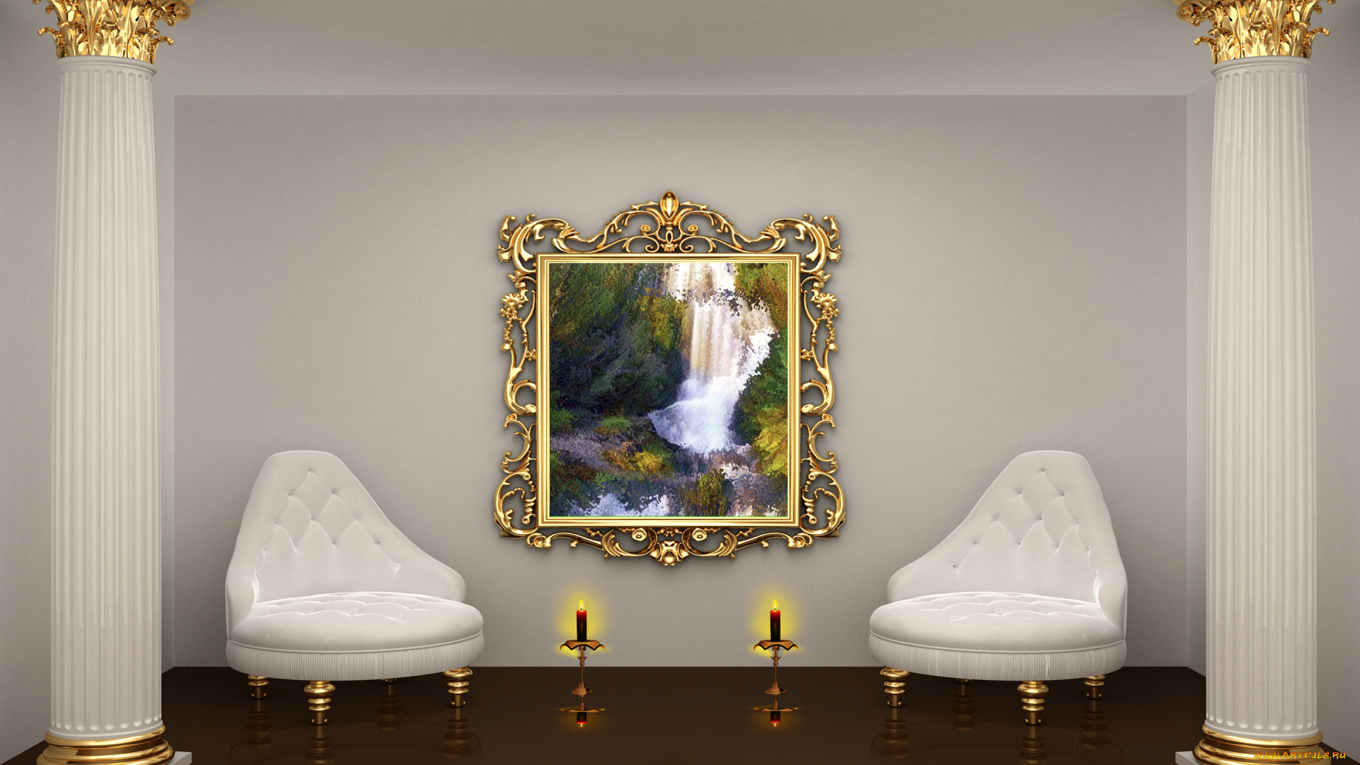3д, графика, realism, реализм, свечи, картина, кресла, колоны