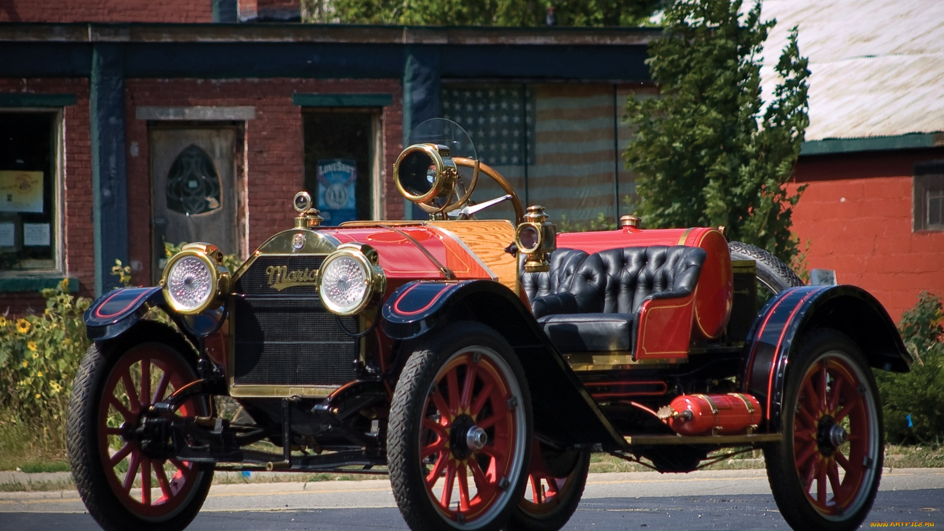 автомобили, классика, автомобиль, деревья, дома, дорога, кусты