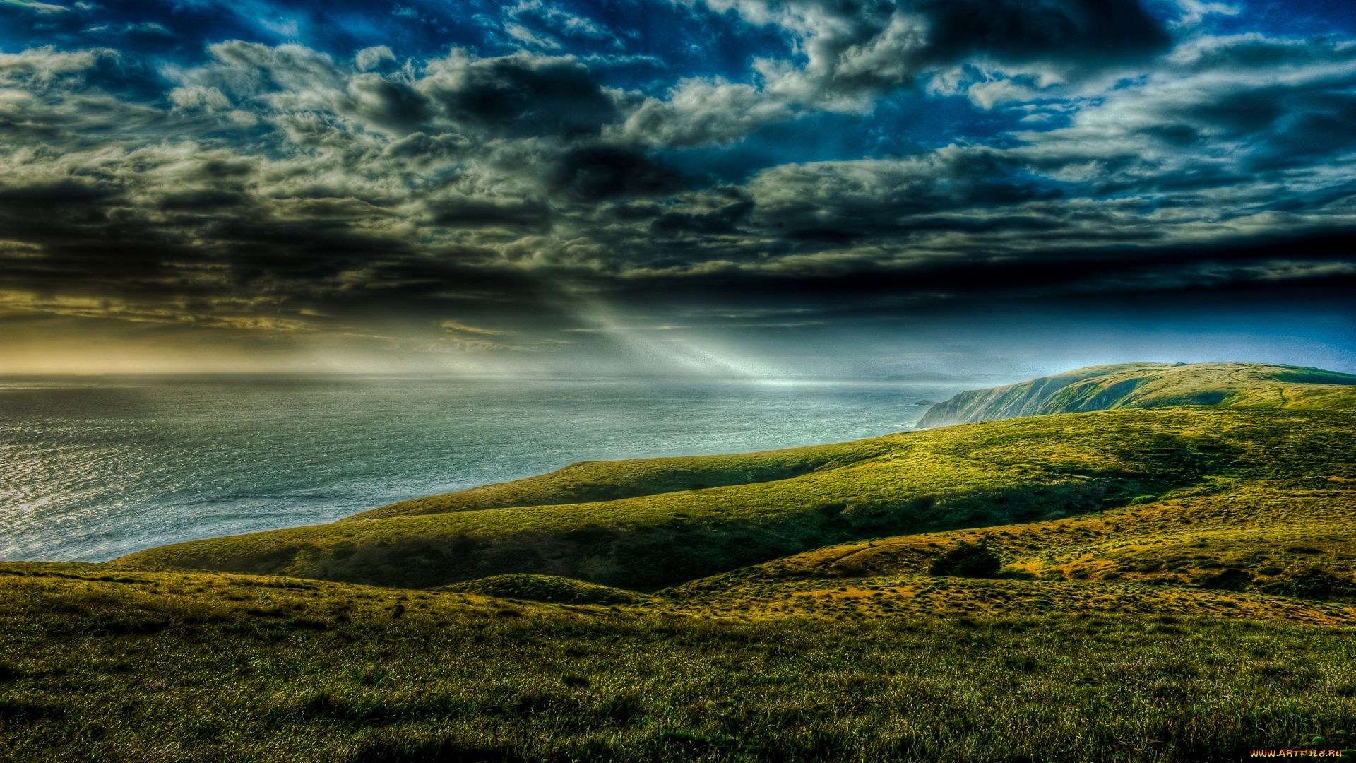 природа, побережье, океан, берег, трава, тучи, сумрак