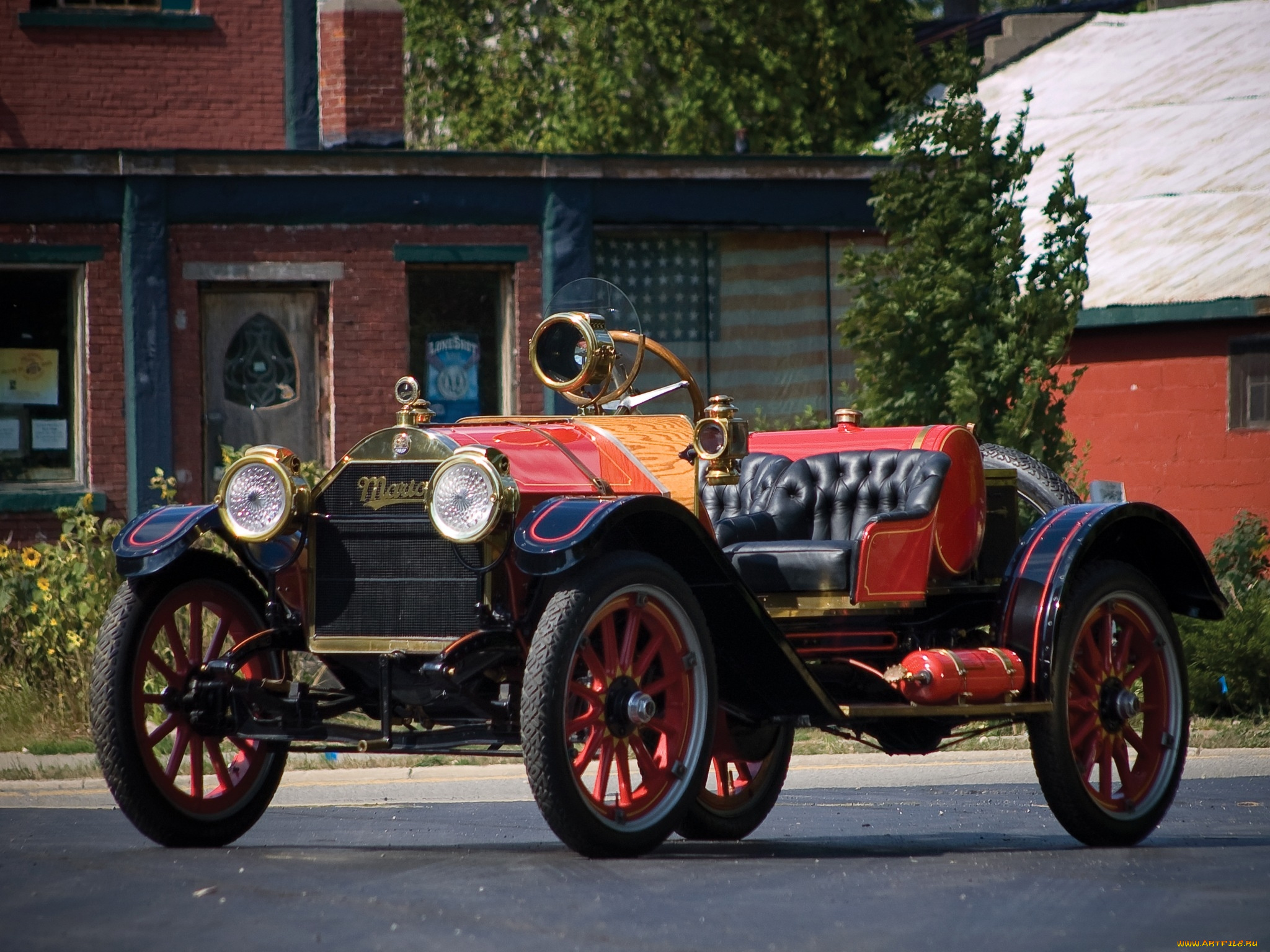 автомобили, классика, автомобиль, деревья, дома, дорога, кусты