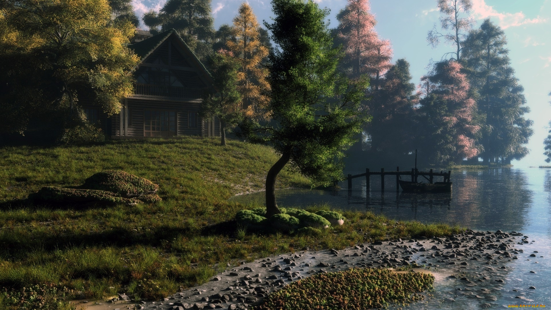 3д, графика, nature, landscape, природа, лес, река, дом