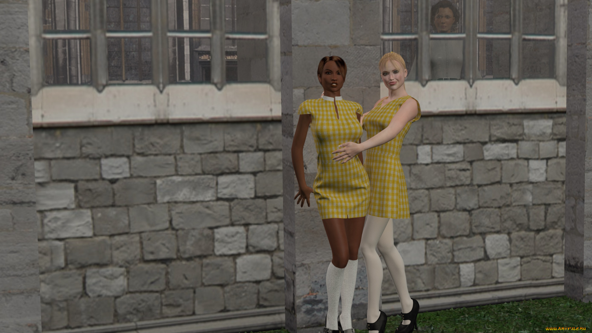 3д, графика, people, люди, девушки, стена, окна