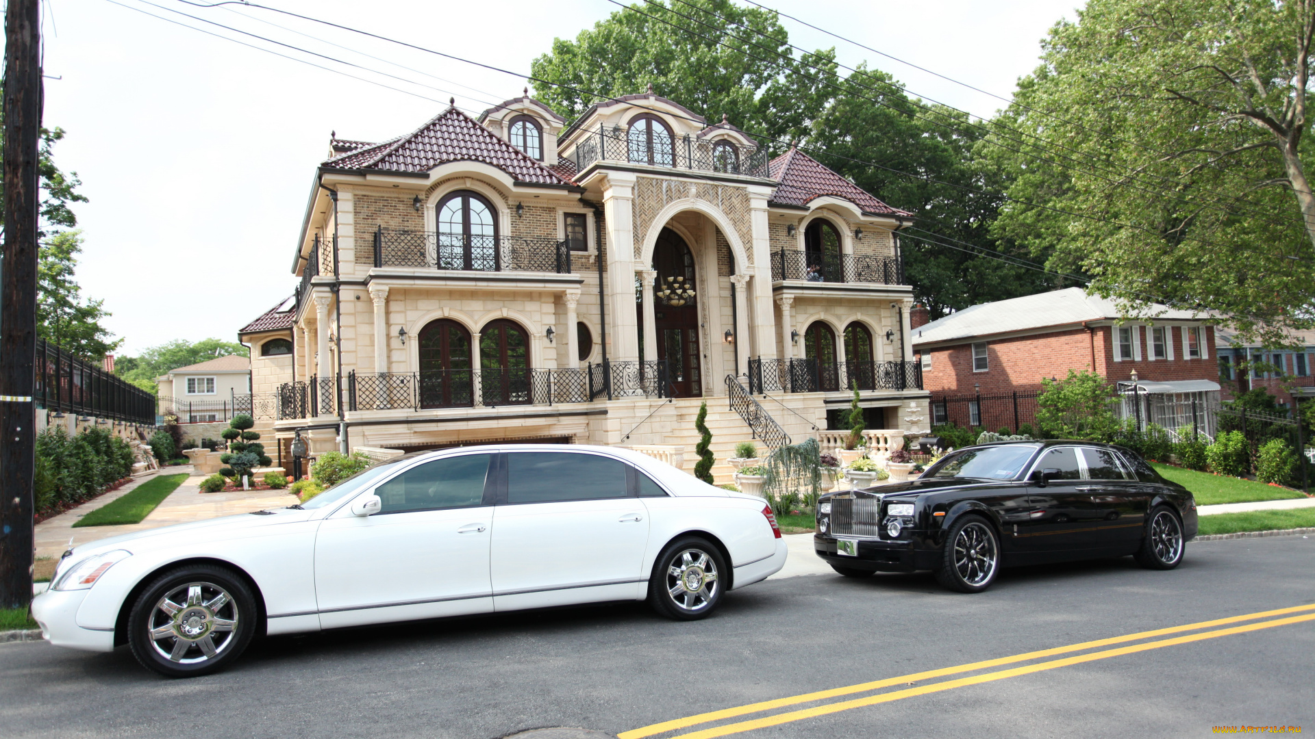 автомобили, разные, вместе, maybach, дорога, особняк