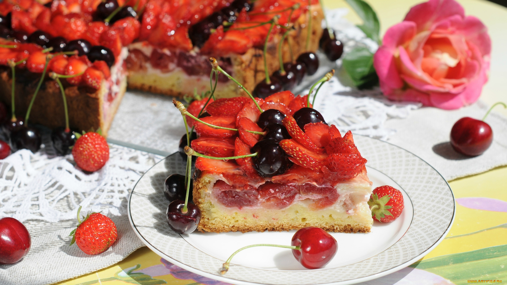 еда, пироги, клубника, кусок, черешня