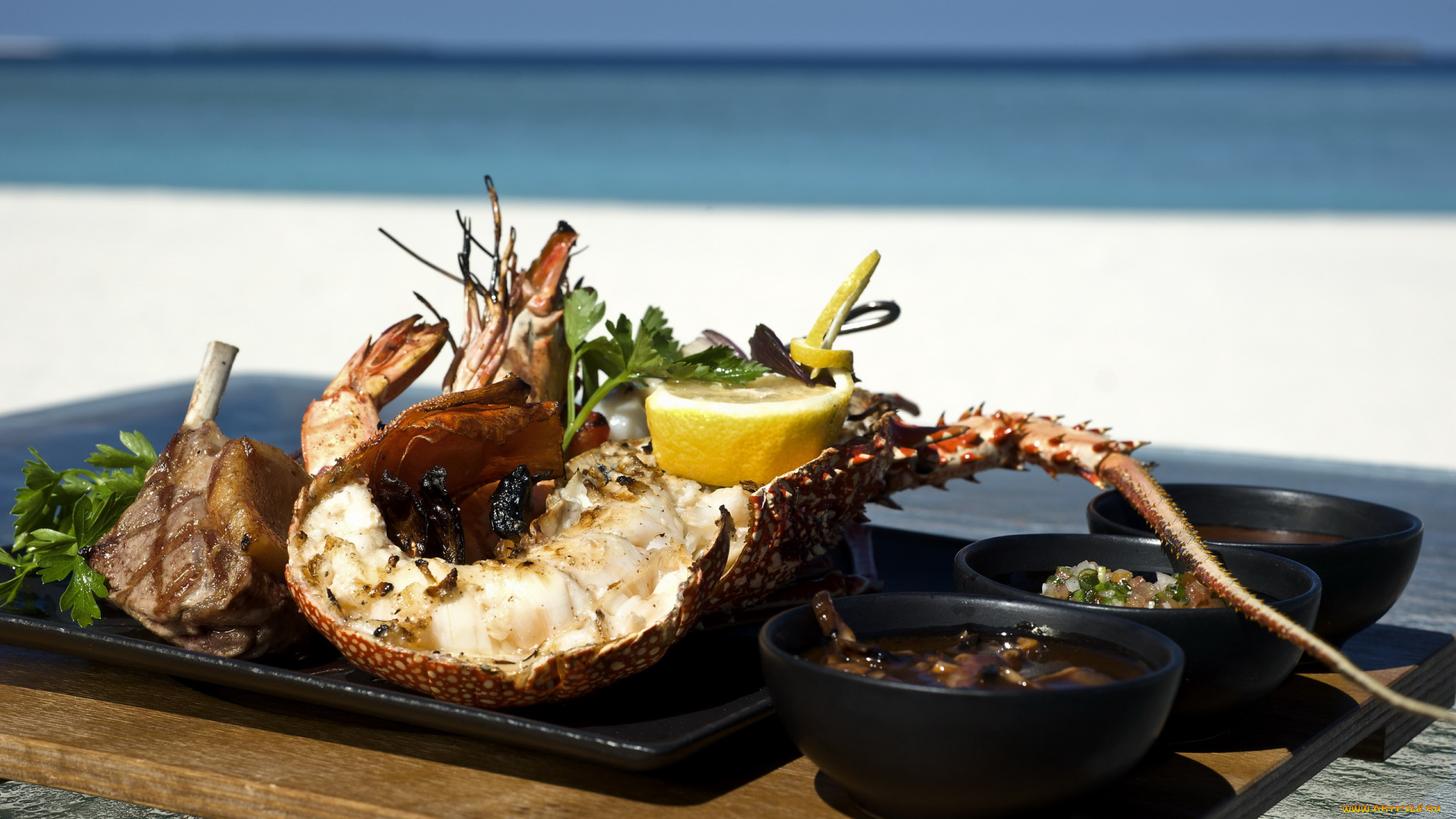 еда, разное, зелень, лимон, дары, моря