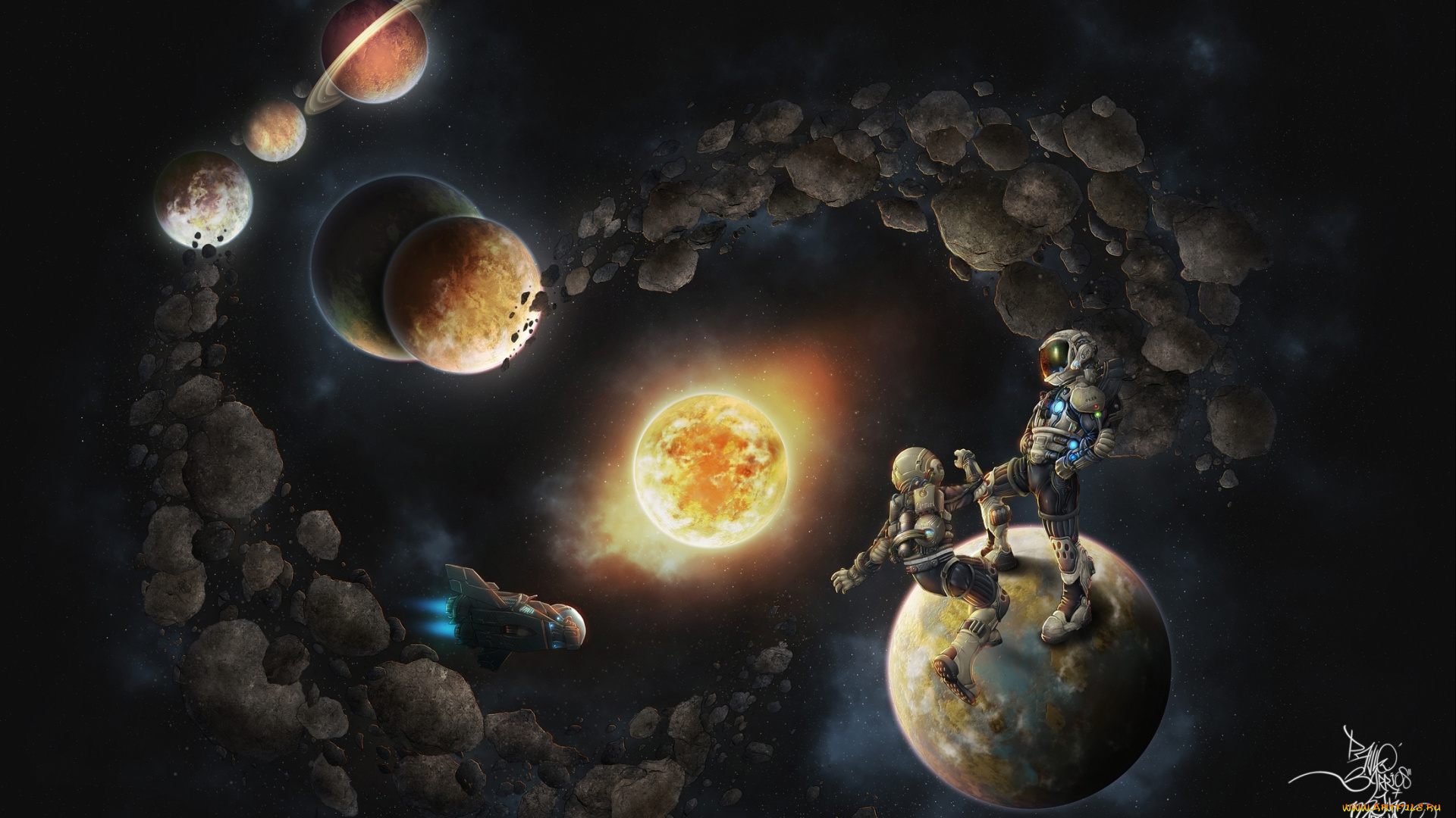 космос, арт, марс, земля, звезды, планеты, солнце, сатурн, корабль, космонавты