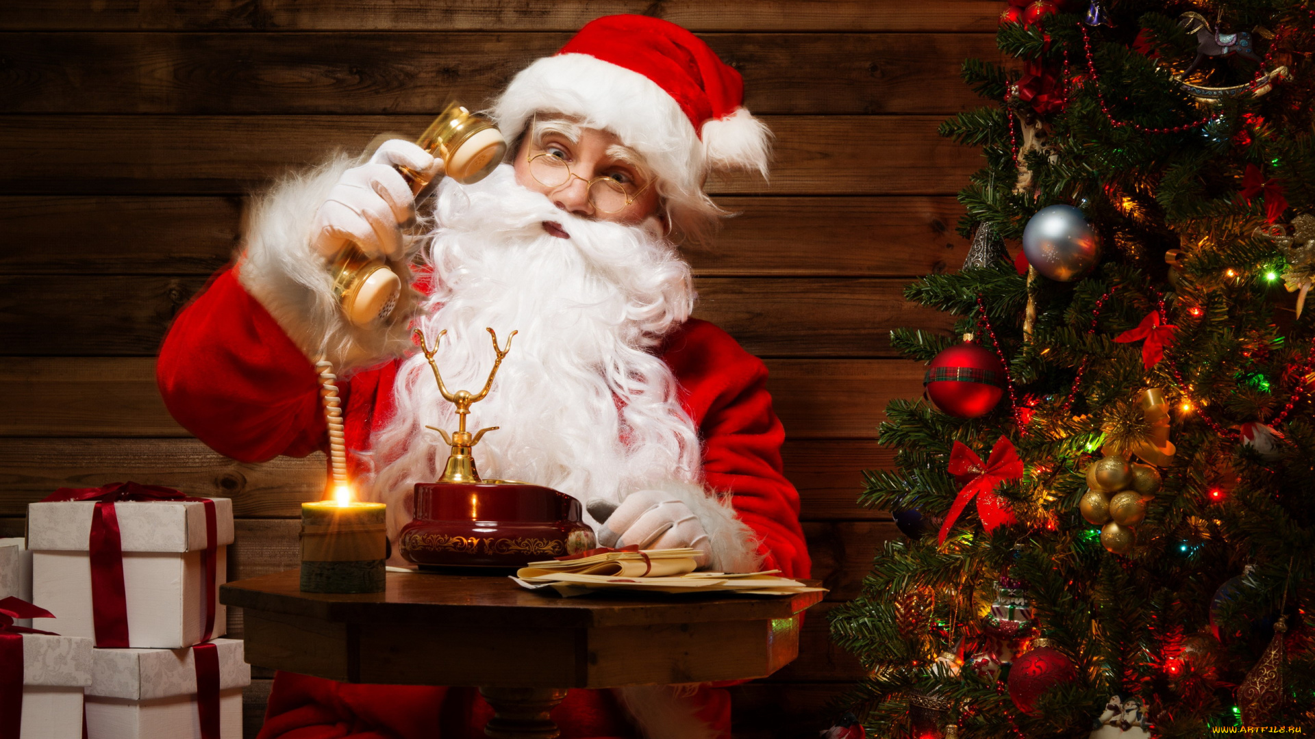 праздничные, дед, мороз, санта, елка, свеча, подарки, телефон