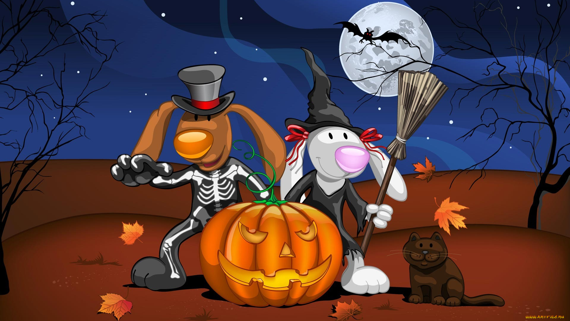 праздничные, хэллоуин, тыква, кот, собаки, луна, деревья, звезды, листья, метла, летучая, мышь