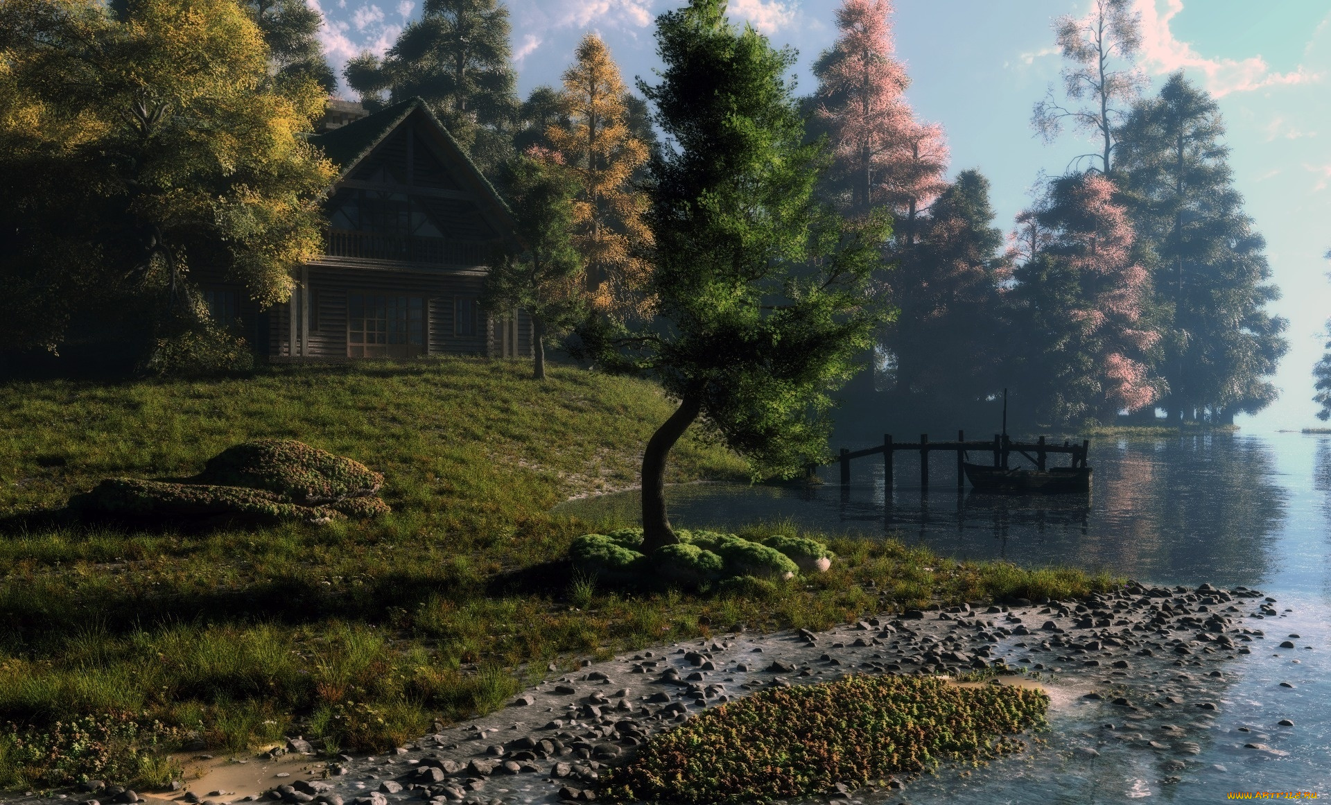 3д, графика, nature, landscape, природа, лес, река, дом