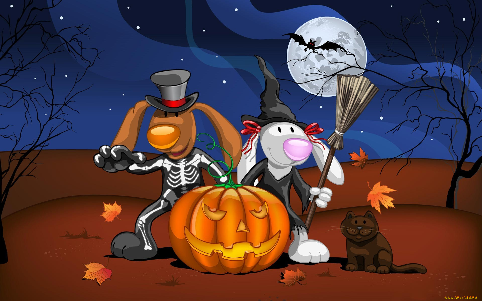 праздничные, хэллоуин, тыква, кот, собаки, луна, деревья, звезды, листья, метла, летучая, мышь