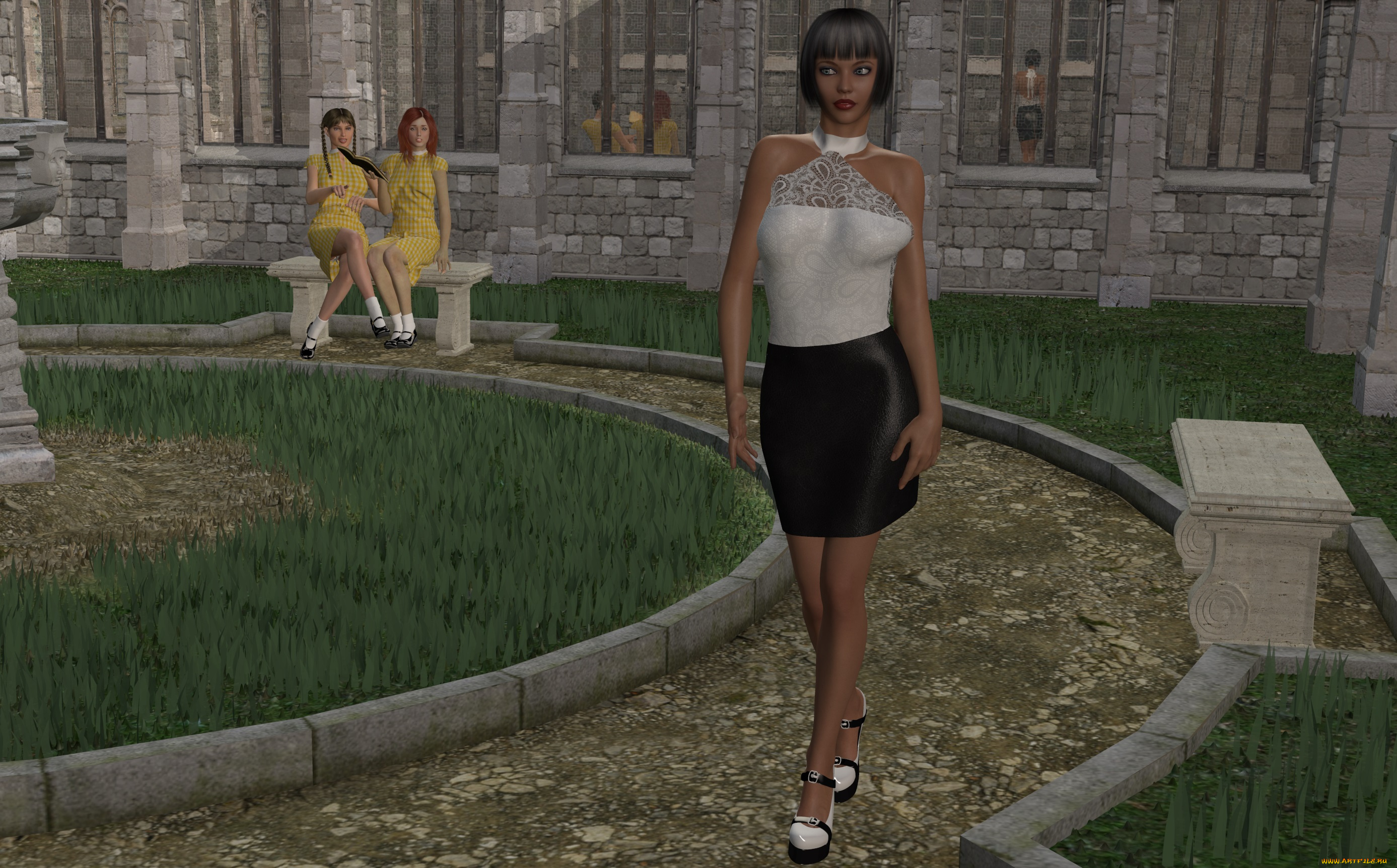 3д, графика, people, люди, девушки, скамейка, клумба