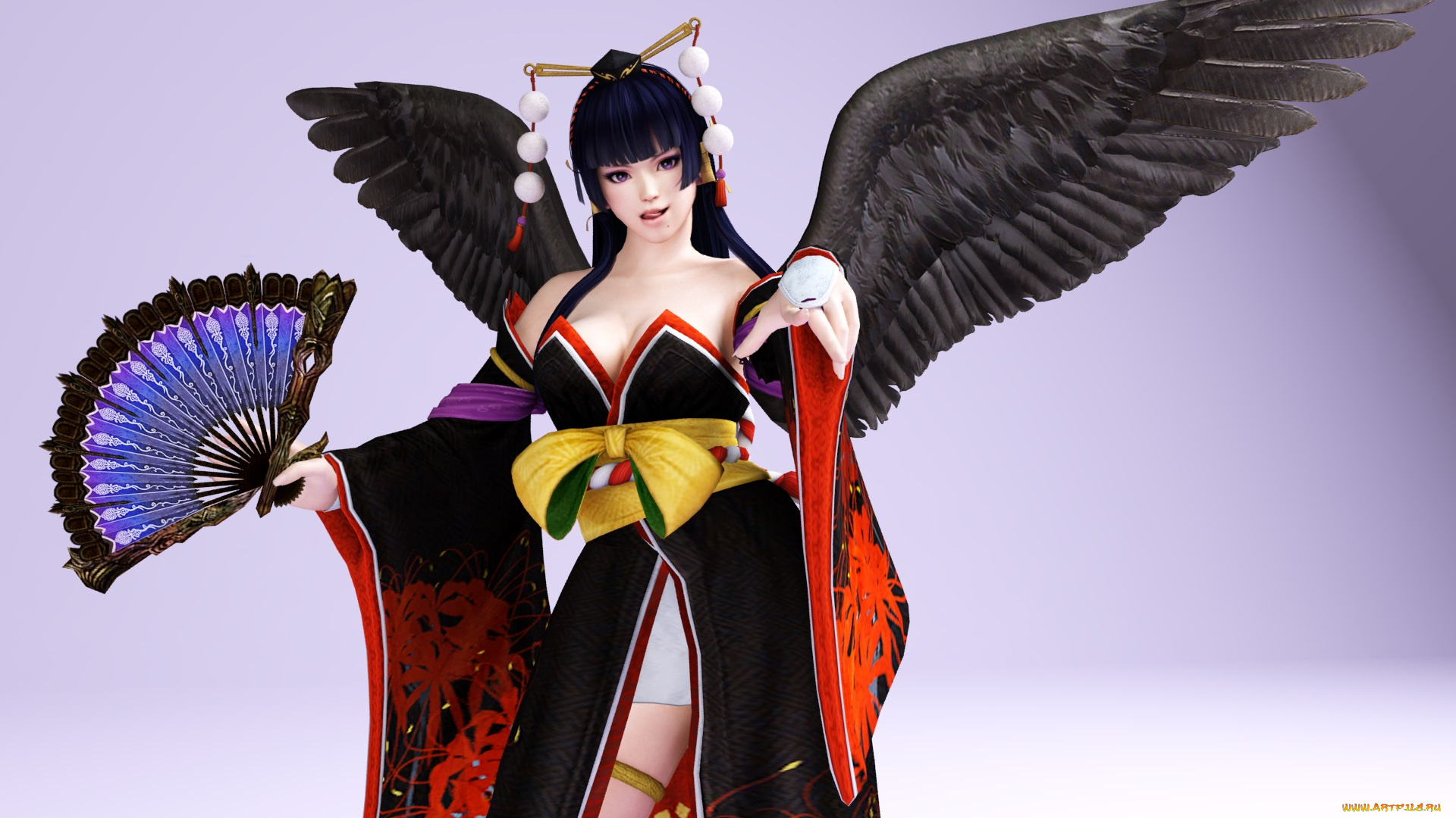 3д, графика, аниме, , anime, крылья, веер, взгляд, девушка