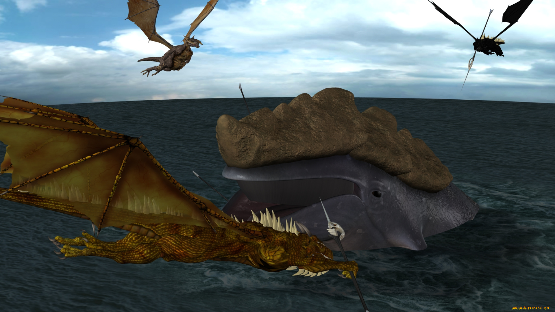 3д, графика, существа, , creatures, море, драконы