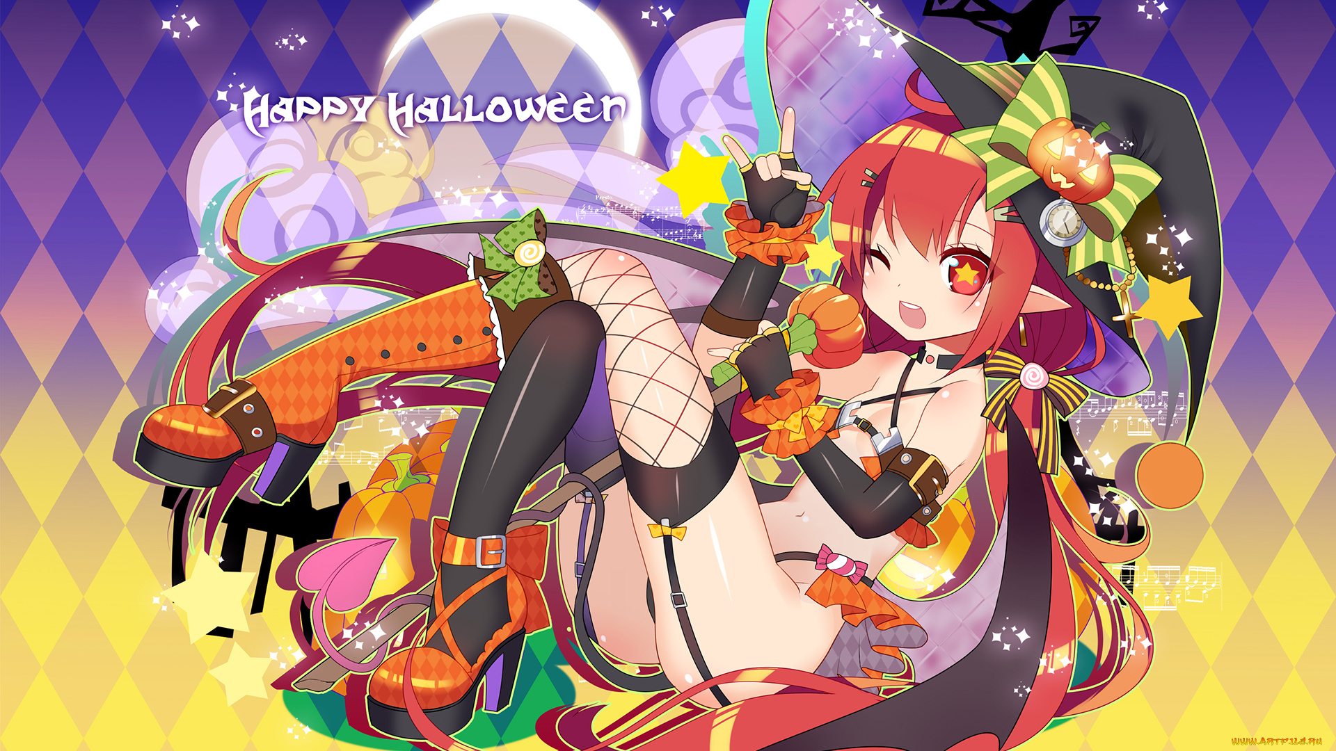 аниме, -halloween, &, magic, ромбы, микрофон, шляпа, улыбка, сапоги, чулки, девушка