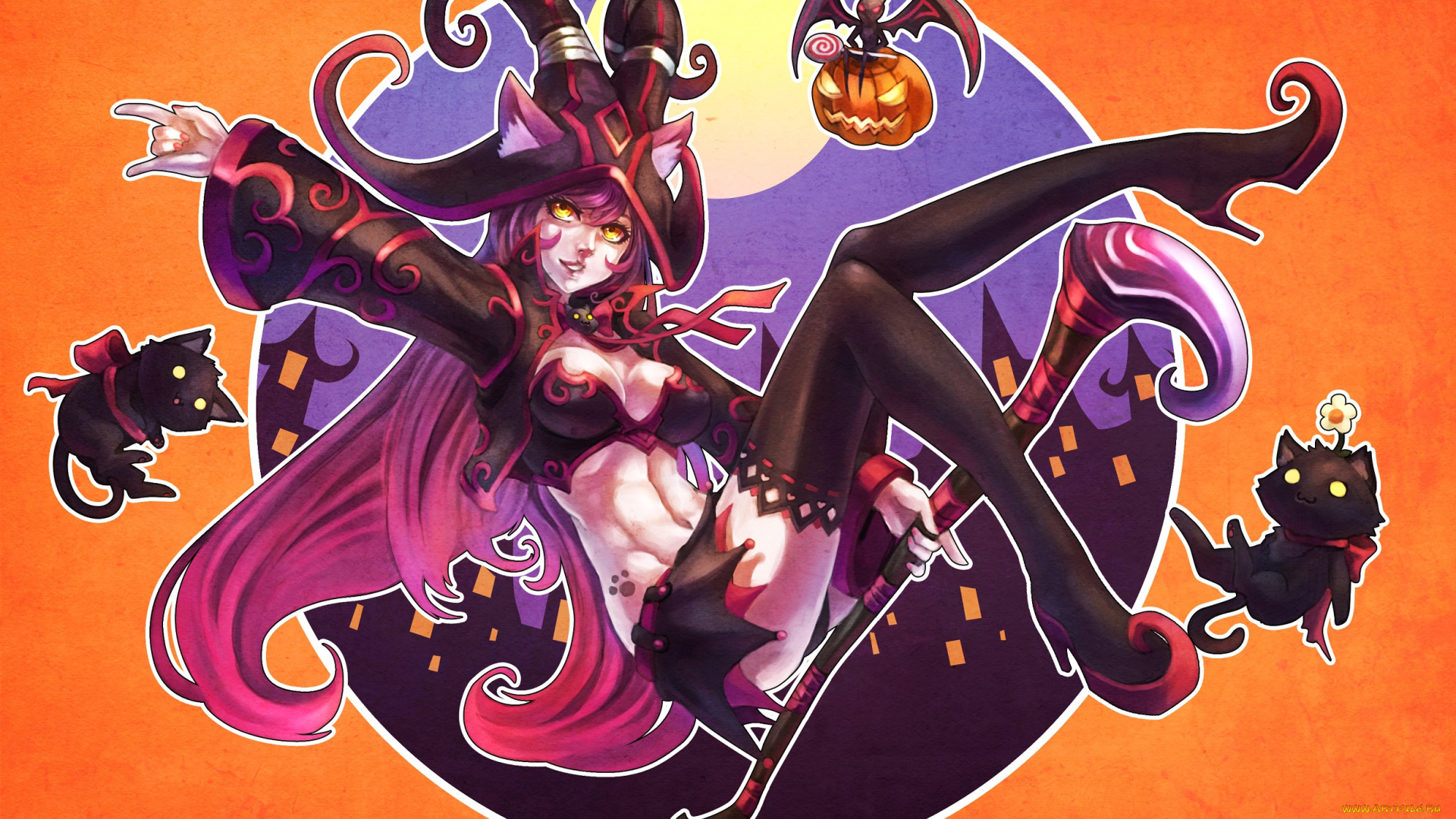 аниме, -halloween, &, magic, ведьма, посох, ушки, хэллоуин, кот, котики, девушка, тыква