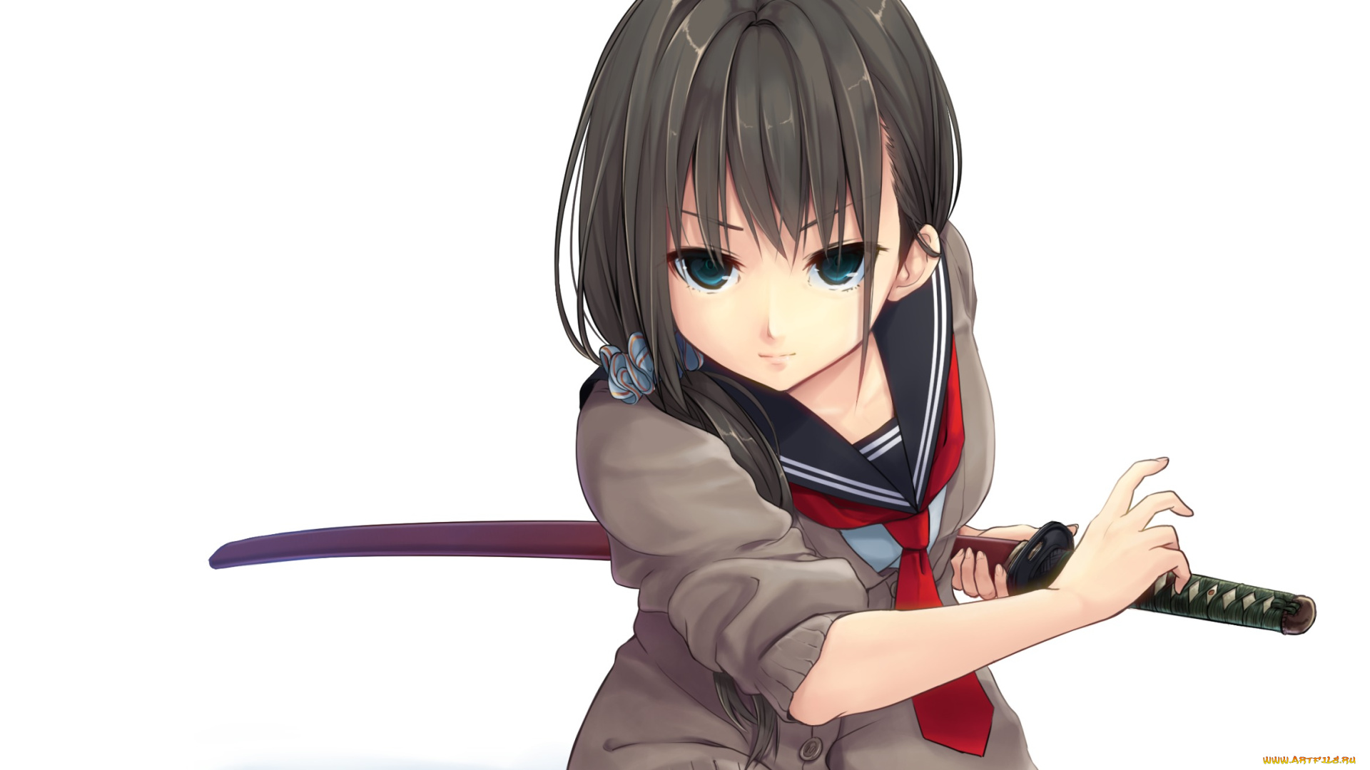 аниме, -weapon, , blood, &, technology, art, meso-meso, фон, форма, катана, оружие, жест, взгляд, девушка