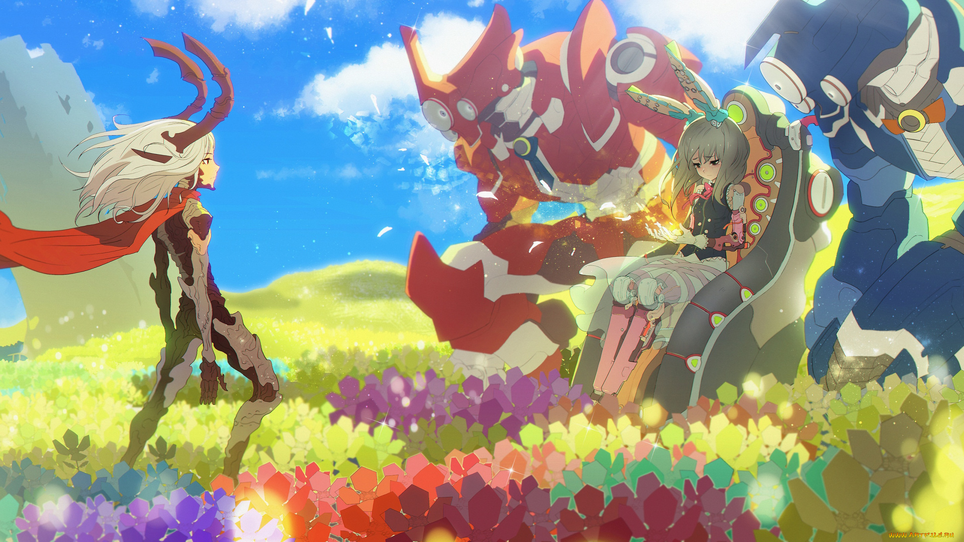 аниме, -weapon, , blood, &, technology, поле, роботы, цветы, растения, девушка, небо, природа, ladic