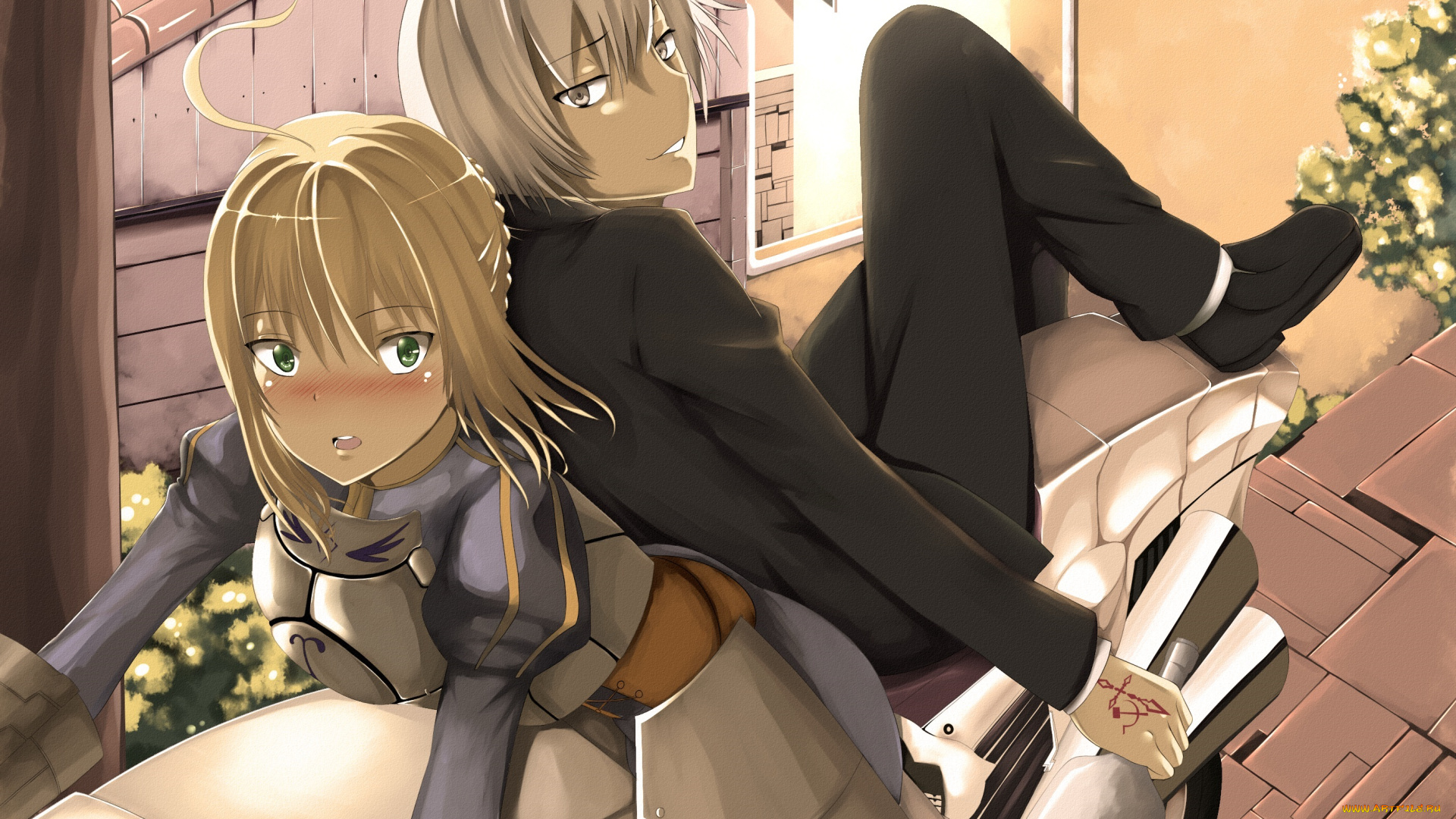 аниме, fate, stay, night, мотоцикл, арт, парень, бутылка, девушка