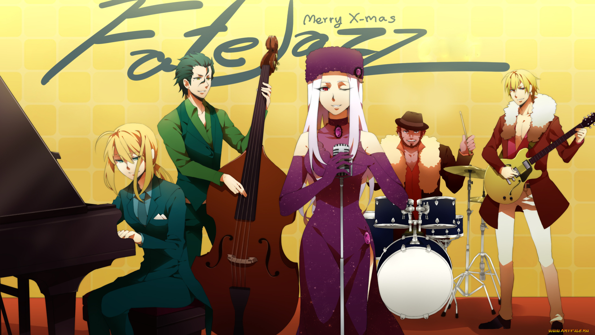аниме, fate, zero, новый, год, жёлтый, фон, девушка, парни, музыка, группа, арт