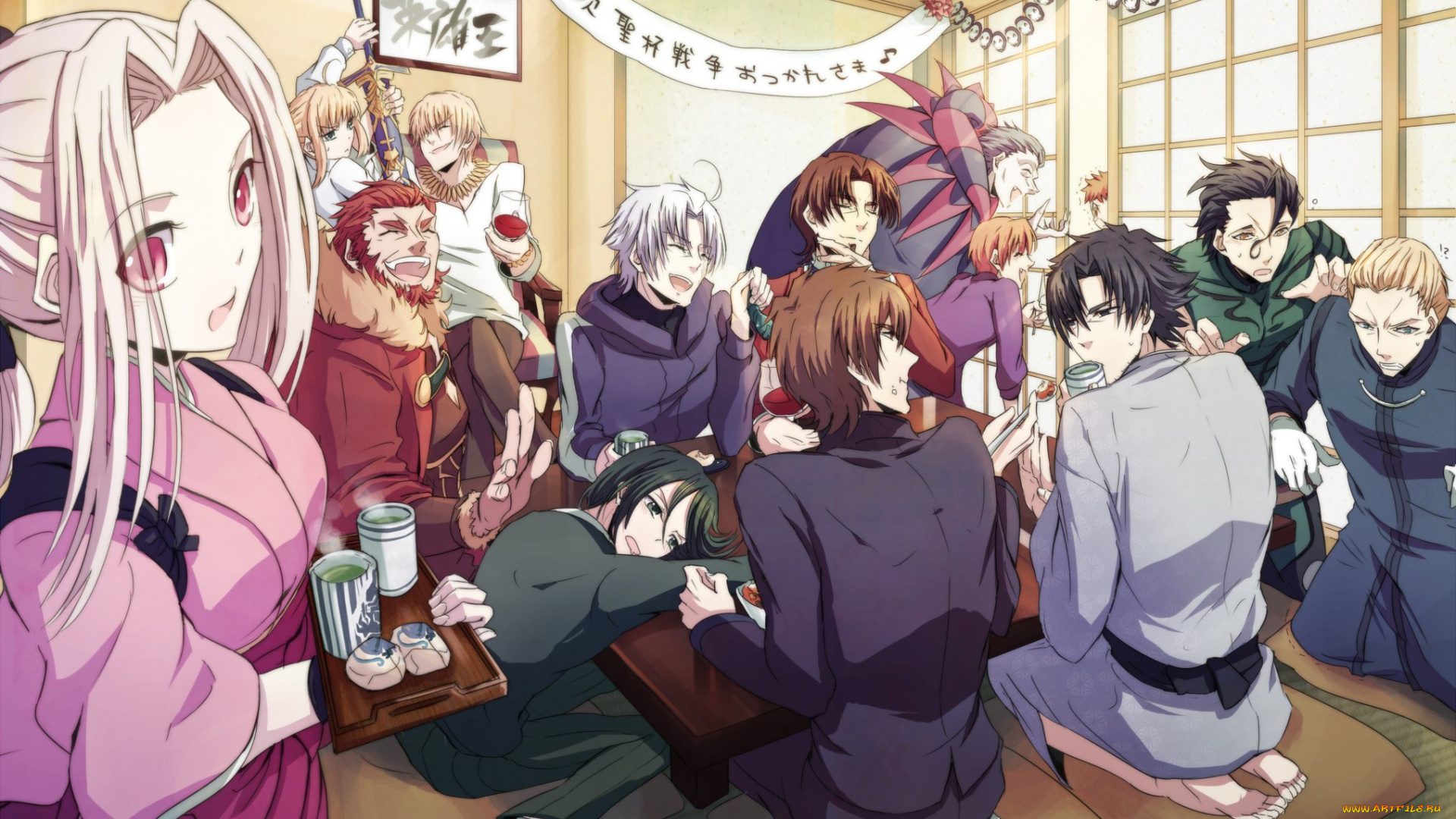 аниме, fate, zero, персонажи, арт, стол, мужчины, девушки