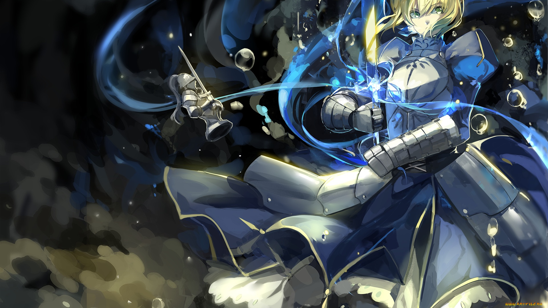 аниме, fate, zero, saberiii, арт, блондинка, пузырьки, меч, saber, оружие, доспехи, девушка