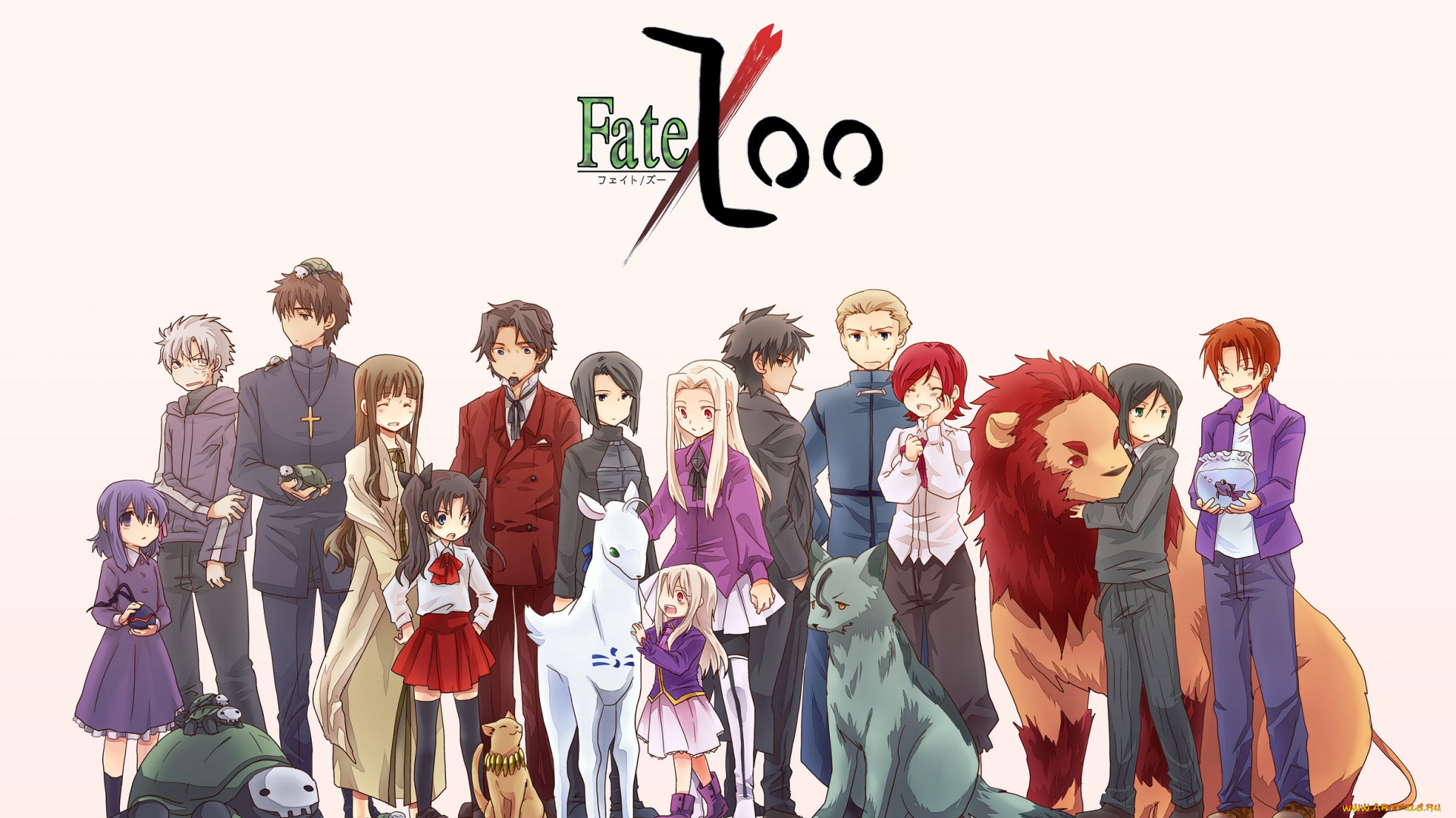 аниме, fate, zero, светлый, фон, девушки, надпись, девочка, животные, парни, арт