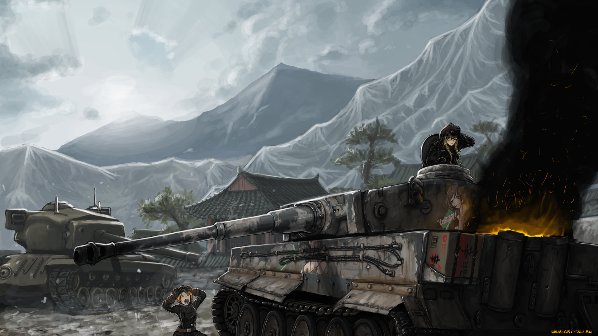 аниме, girls, und, panzer, война, девушки, танки, girls, und, panzer, серость, тучи, дома