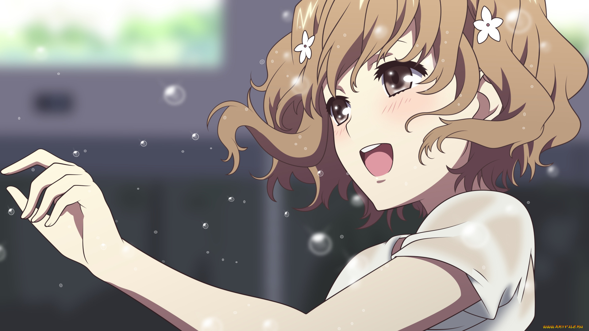 аниме, hana-saku, iroha, hanasaku, iroha, matsumae, ohana, девушка, русая, рука, арт, фон