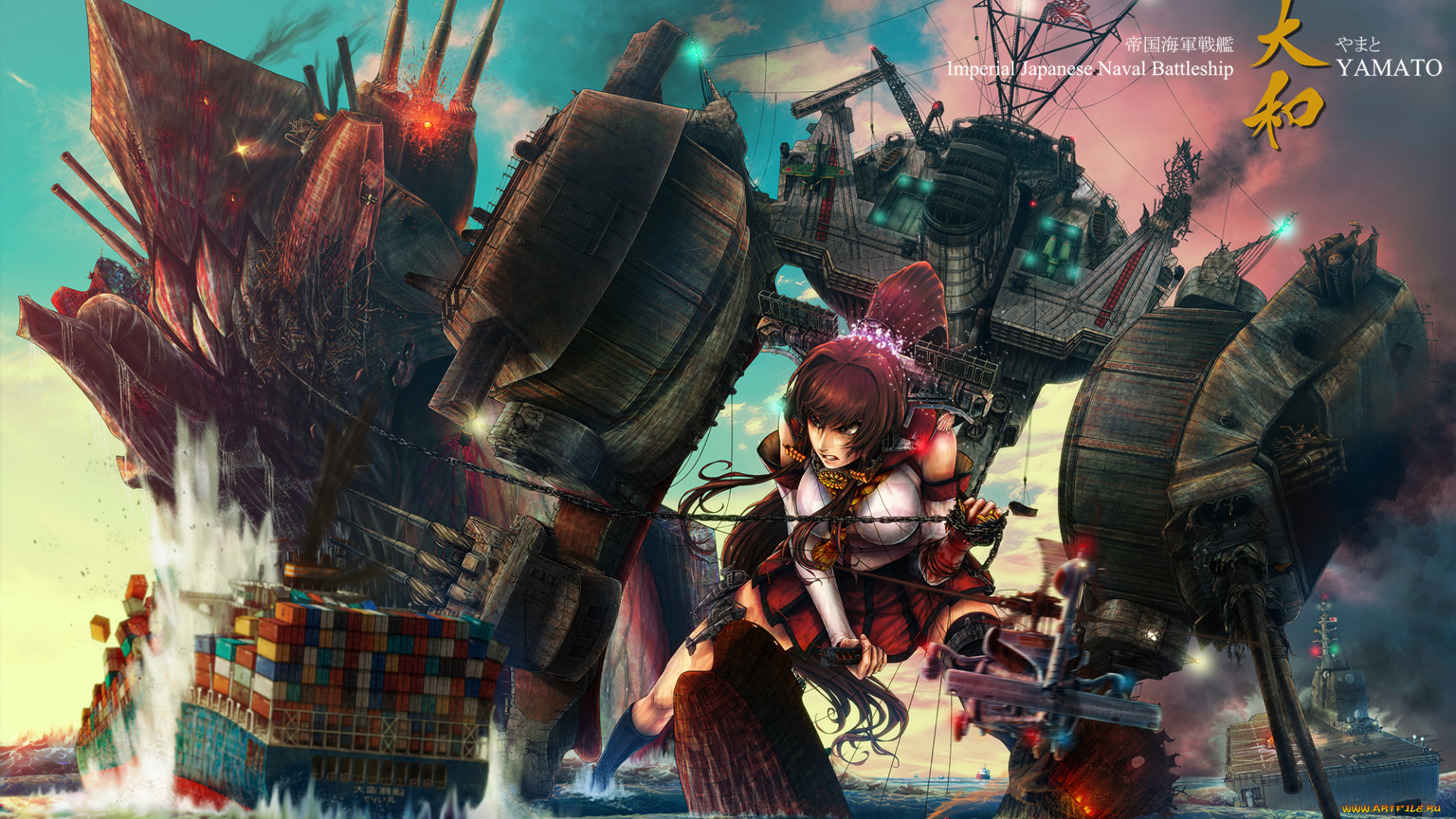 аниме, kantai, collection, море, арт, девушка, цепь, механизмы, гиганты, корабли, война