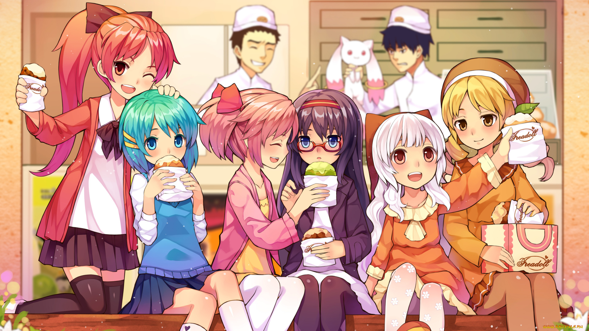 аниме, mahou, shoujo, madoka, magika, парни, меню, цветы, еда, кролик, повара, кафе, девушки