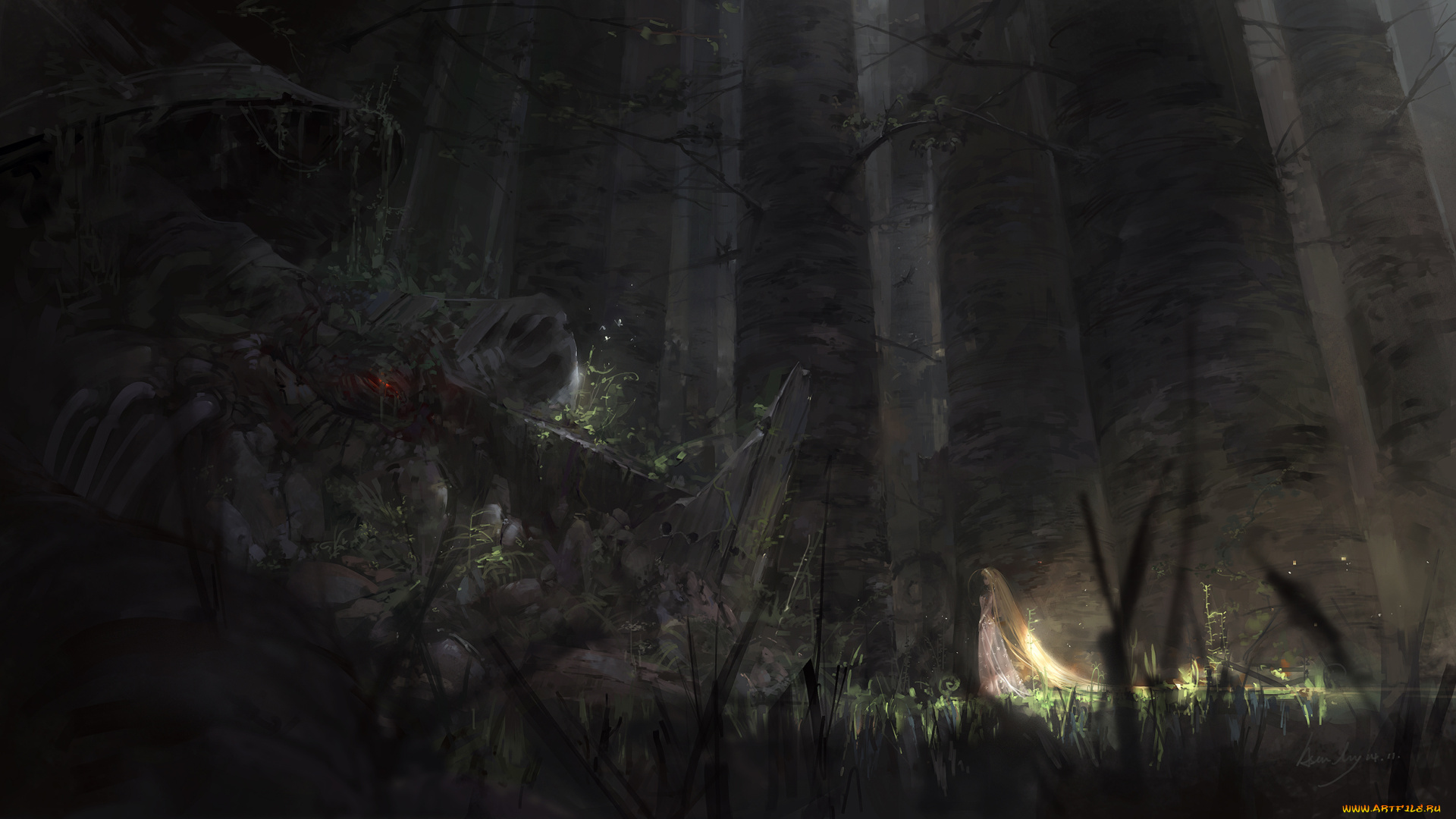 аниме, *unknown, , другое, блондинка, девушка, мрачно, растения, деревья, стволы, лес, арт