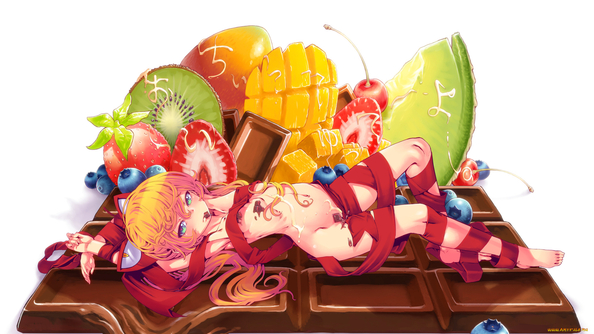 аниме, *unknown, , другое, черника, манго, белый, фон, еда, фрукты, шоколад, клубника, ананас, ягоды, киви, ленты, вишня, связана, взгляд, девушка