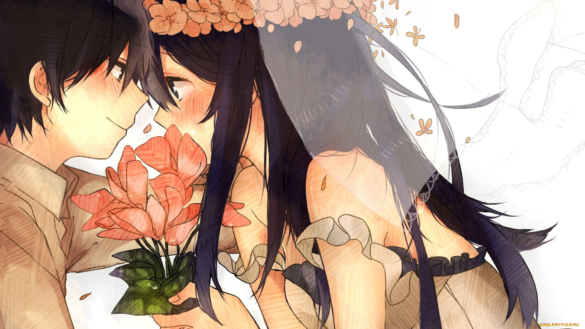 аниме, *unknown, , другое, романтика, арт, букет, парень, девочка, пара