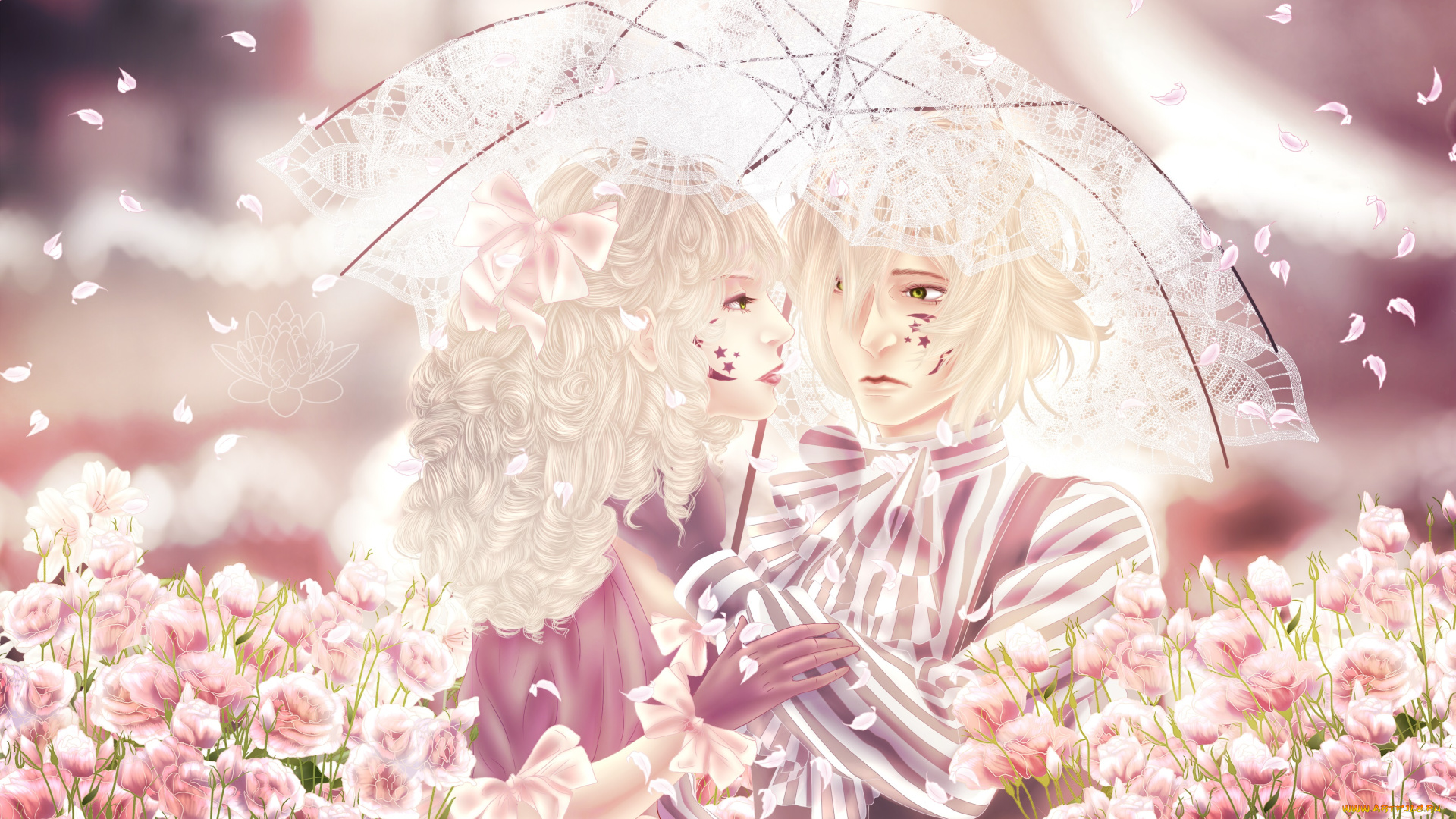 аниме, *unknown, , другое, yaroslavapanina, арт, бант, лепестки, цветы, зонт, парень, девушка