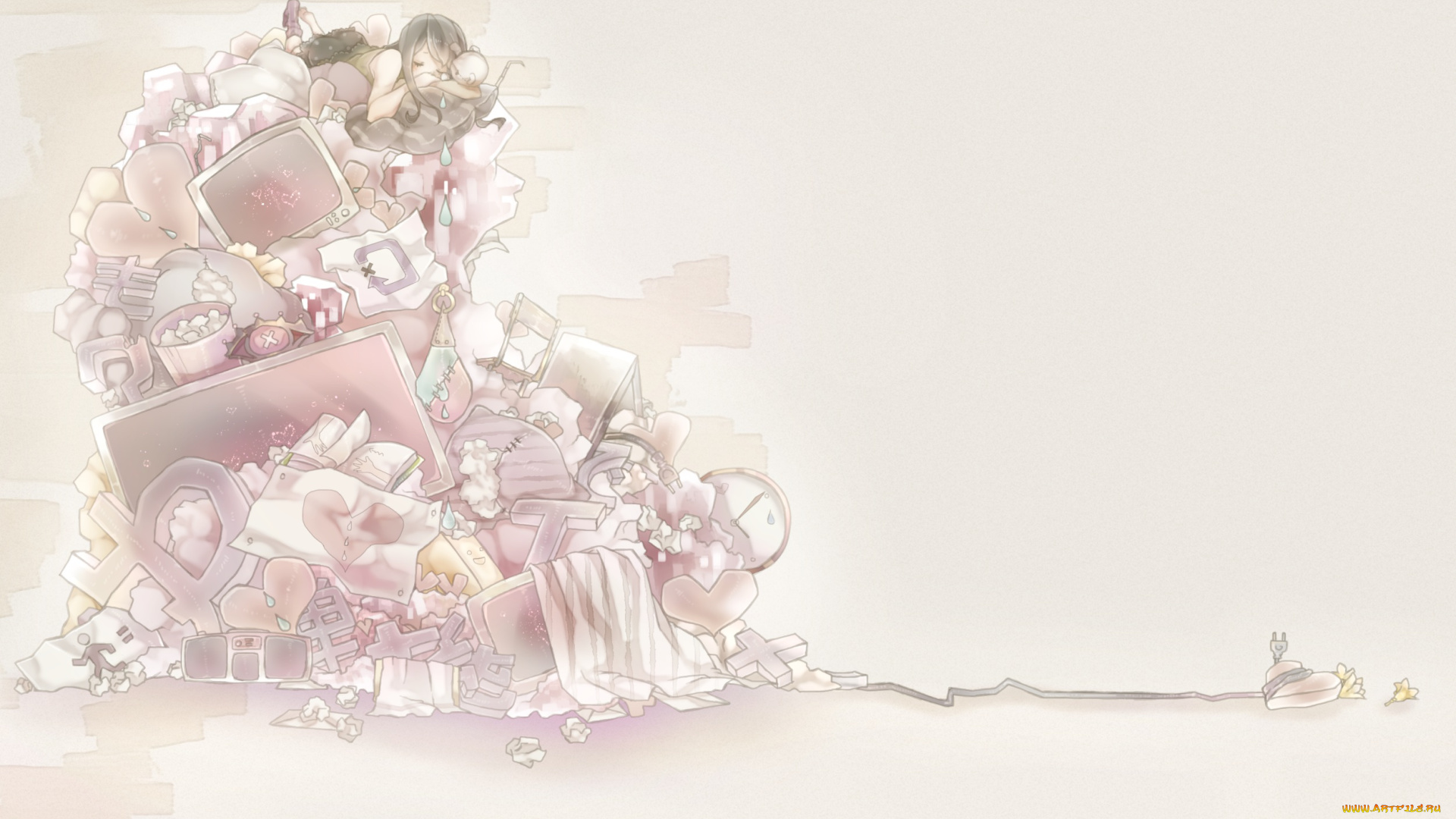 аниме, vocaloid, девушка, арт, mizutame, tori, разетка, провод, капли, вещи