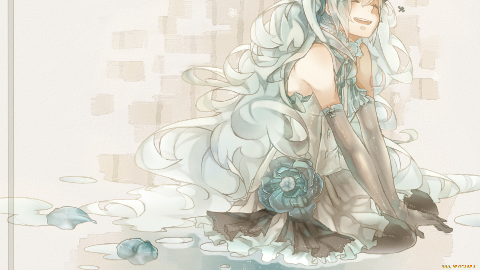 аниме, vocaloid, вокалоид, hatsune, miku, арт, mizutame, tori, вода, цветы, венок, девушка