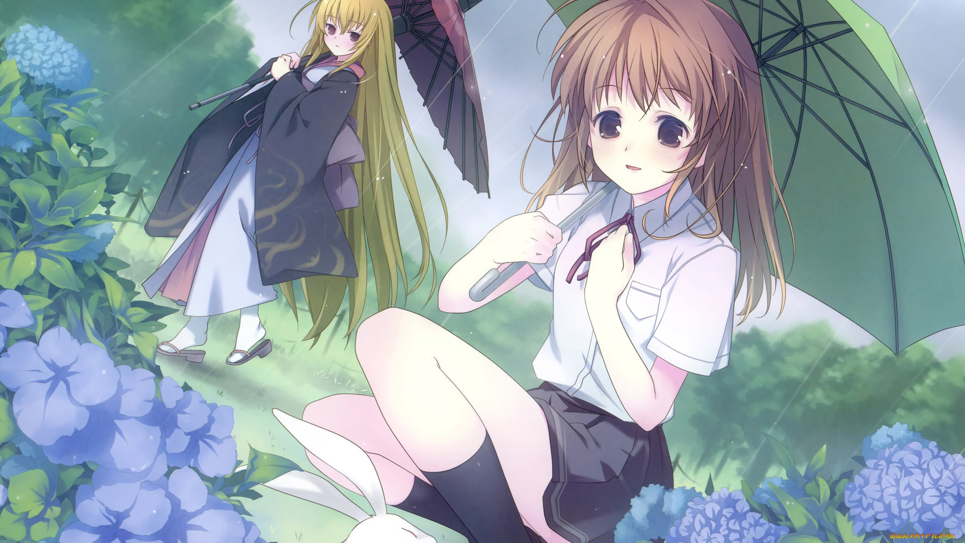 fortune, arterial, аниме, зонтик, цветы, девушки