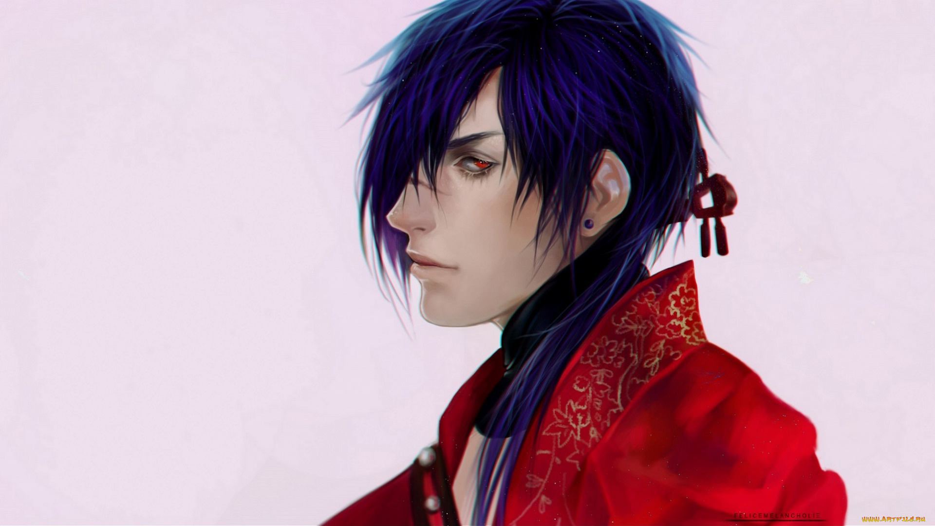 рисованное, люди, фиолетовые, волосы, парень, взгляд, профиль, коуджаку